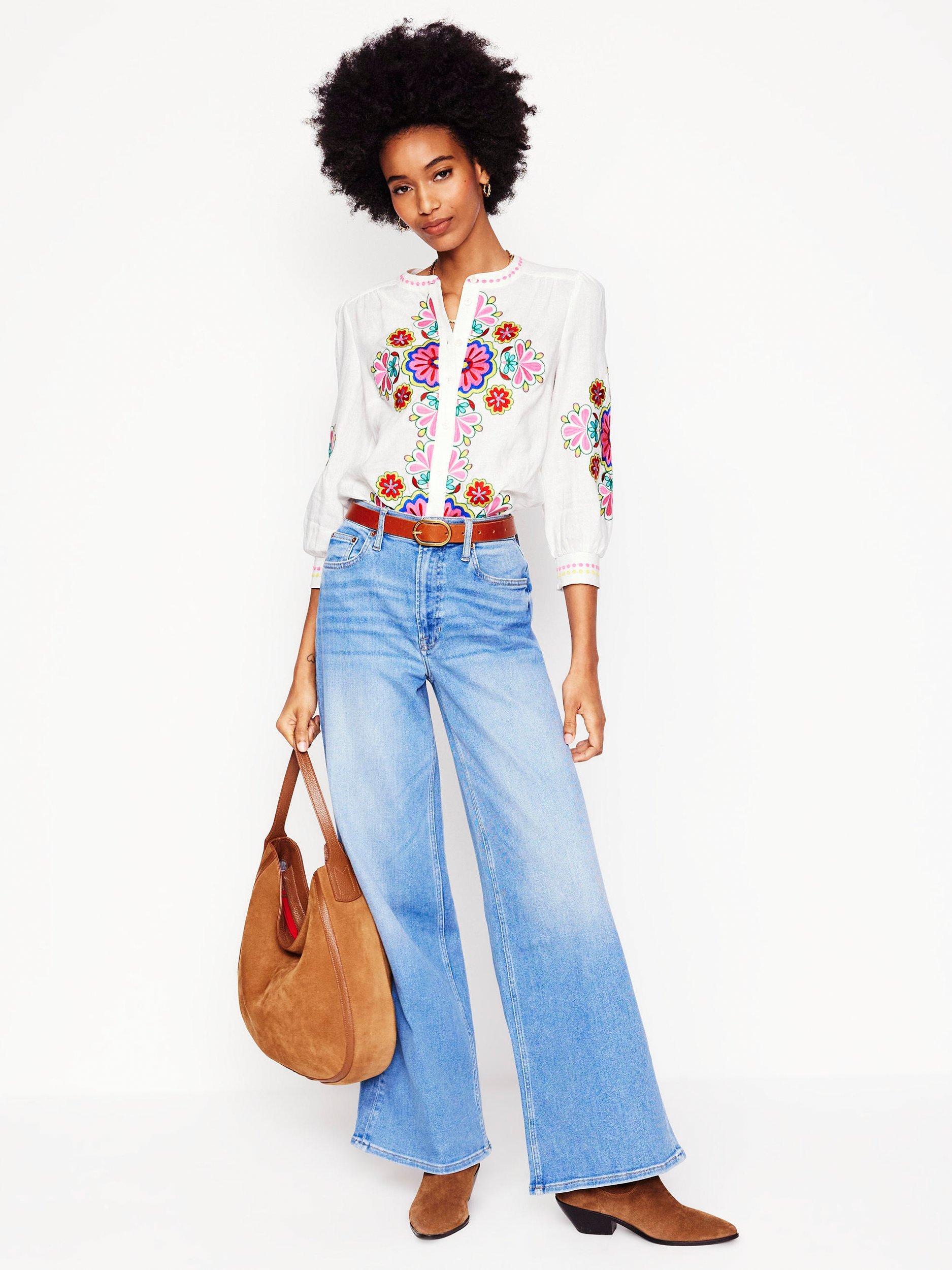 Product image 4 of 6, which shows Boden Alicia Embroidered Pure Linen Top, White/Multi, 10