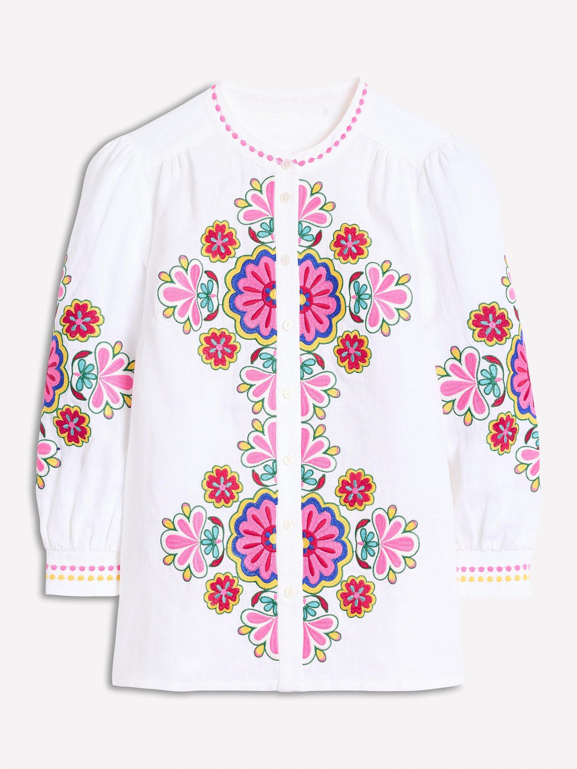 Product image 6 of 6, which shows Boden Alicia Embroidered Pure Linen Top, White/Multi, 10