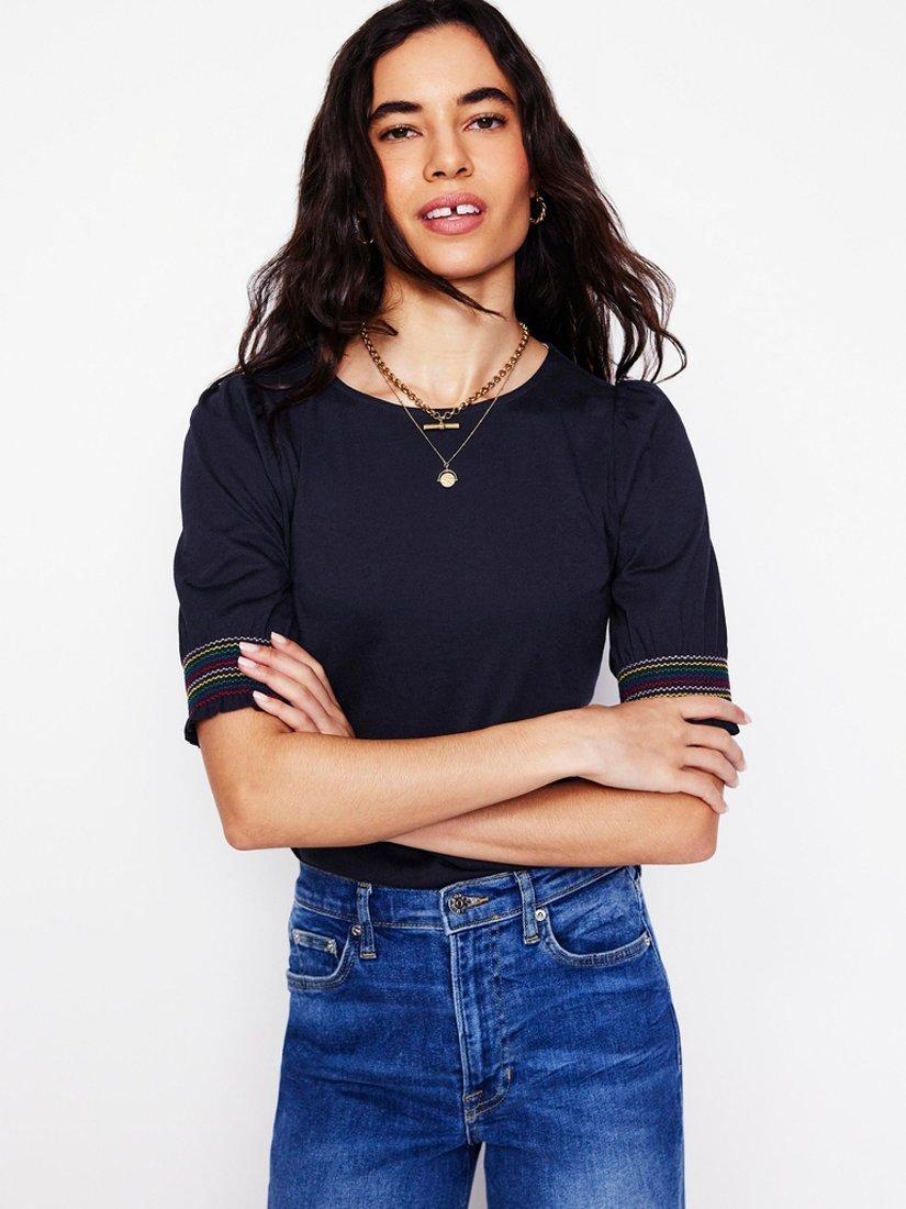Product image 1 of 5, which shows Boden Smocked Cuff Puff Sleeve T-Shirt, Navy, 16