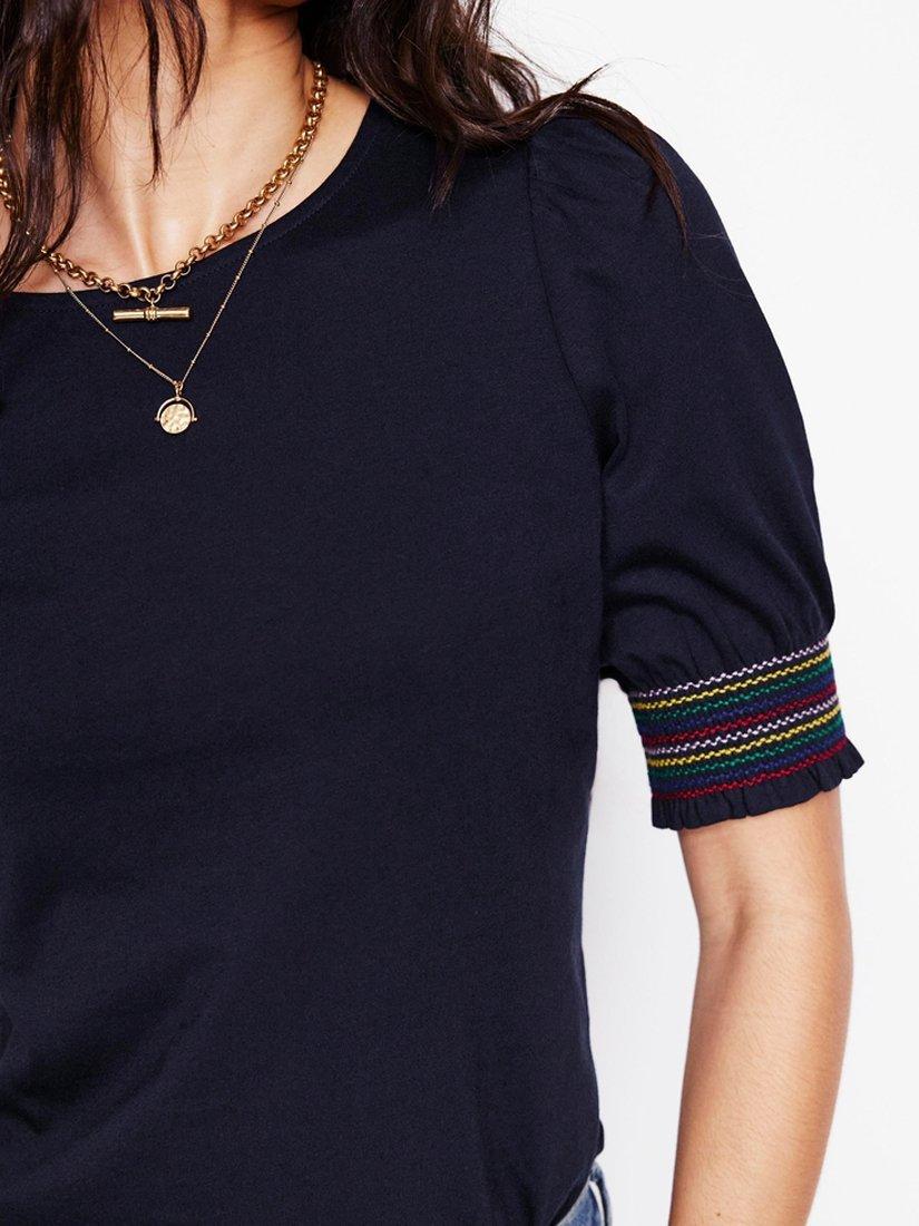 Product image 2 of 5, which shows Boden Smocked Cuff Puff Sleeve T-Shirt, Navy, 16
