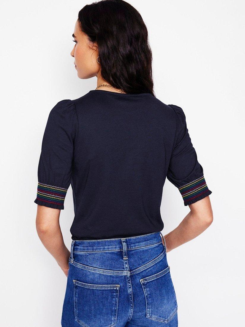 Product image 3 of 5, which shows Boden Smocked Cuff Puff Sleeve T-Shirt, Navy, 16