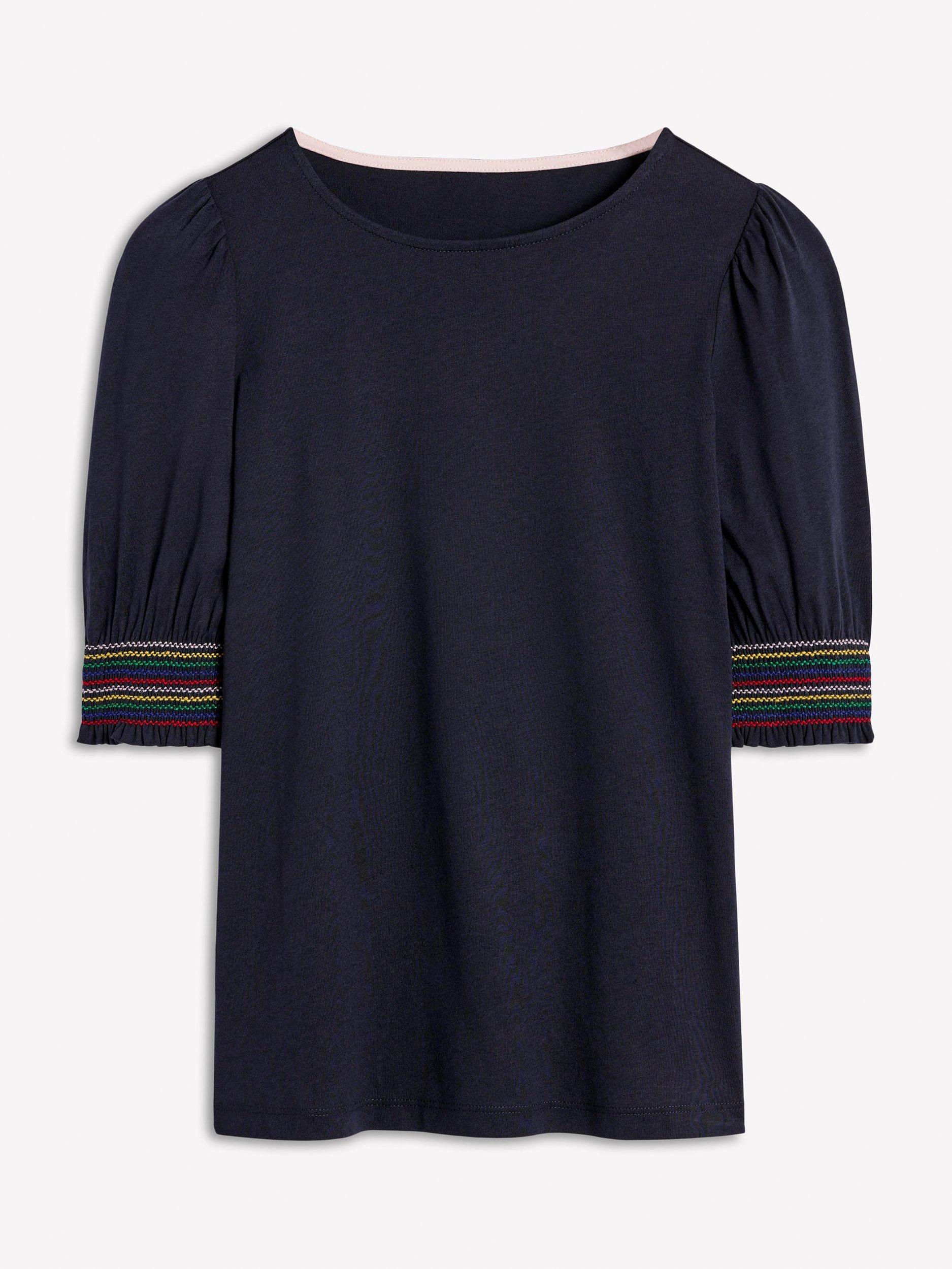 Product image 5 of 5, which shows Boden Smocked Cuff Puff Sleeve T-Shirt, Navy, 16
