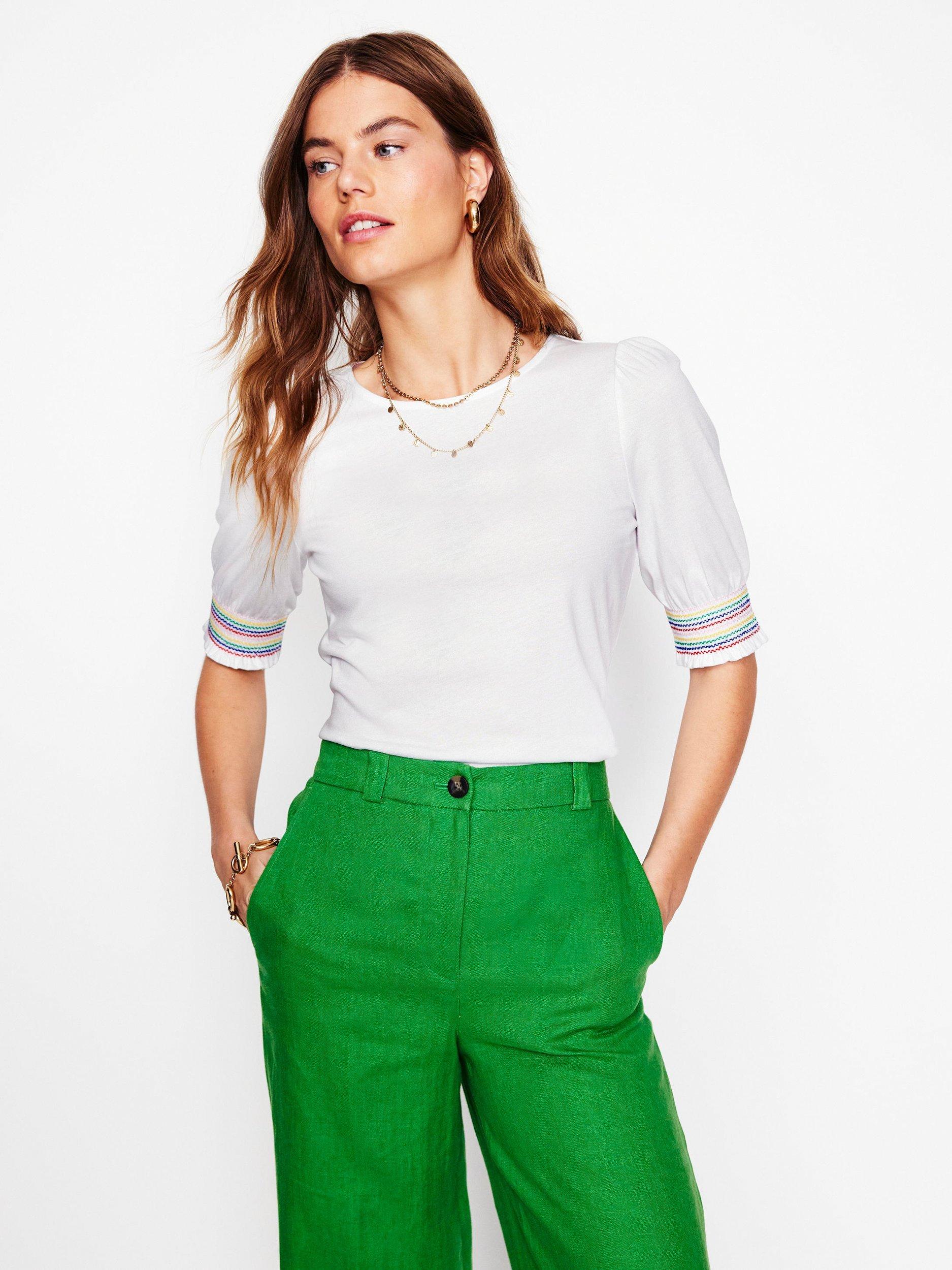 Product image 1 of 5, which shows Boden Puff Sleeve Smock Cuff T-Shirt, White/Multi, 8