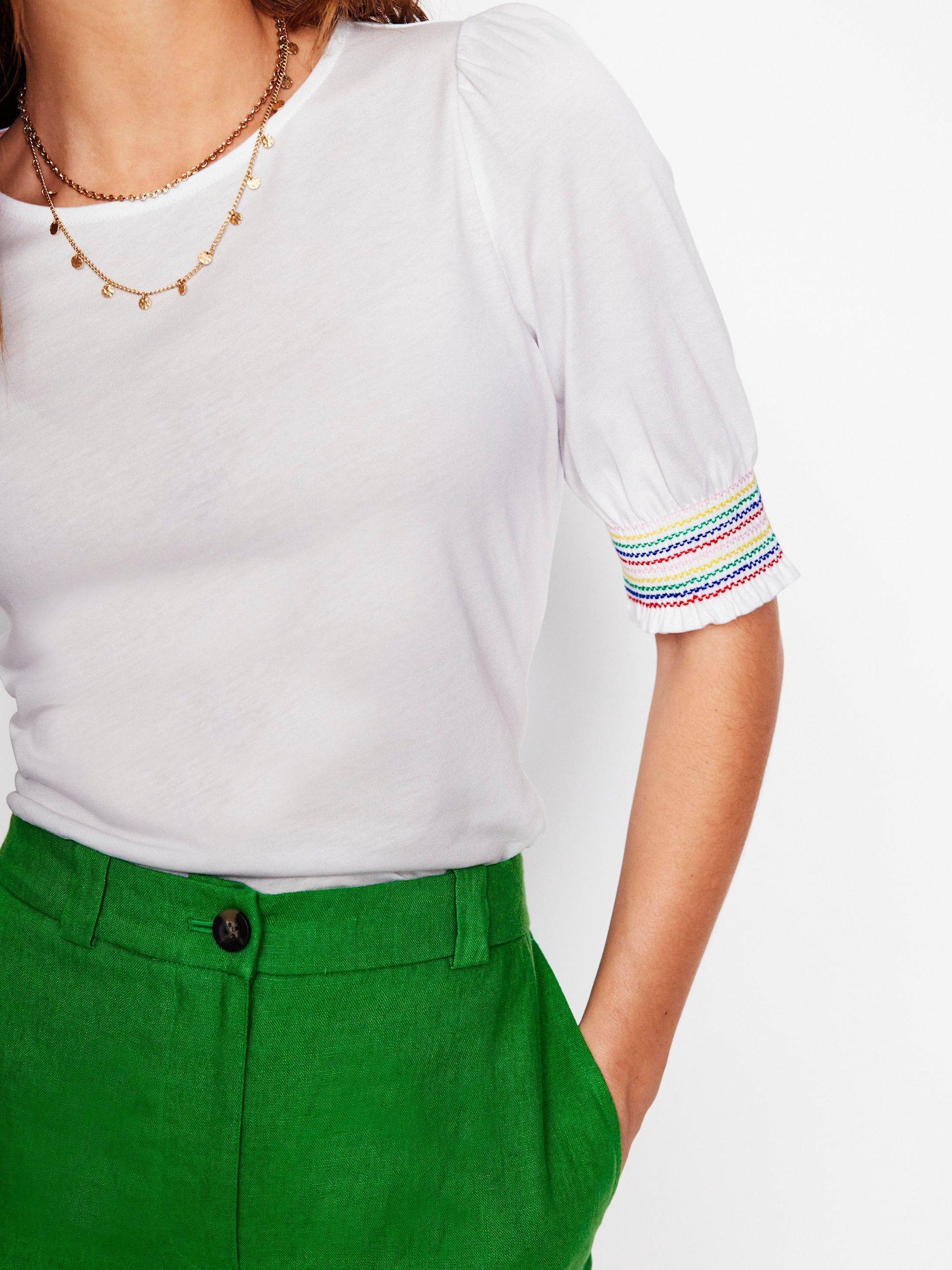 Product image 2 of 5, which shows Boden Puff Sleeve Smock Cuff T-Shirt, White/Multi, 8