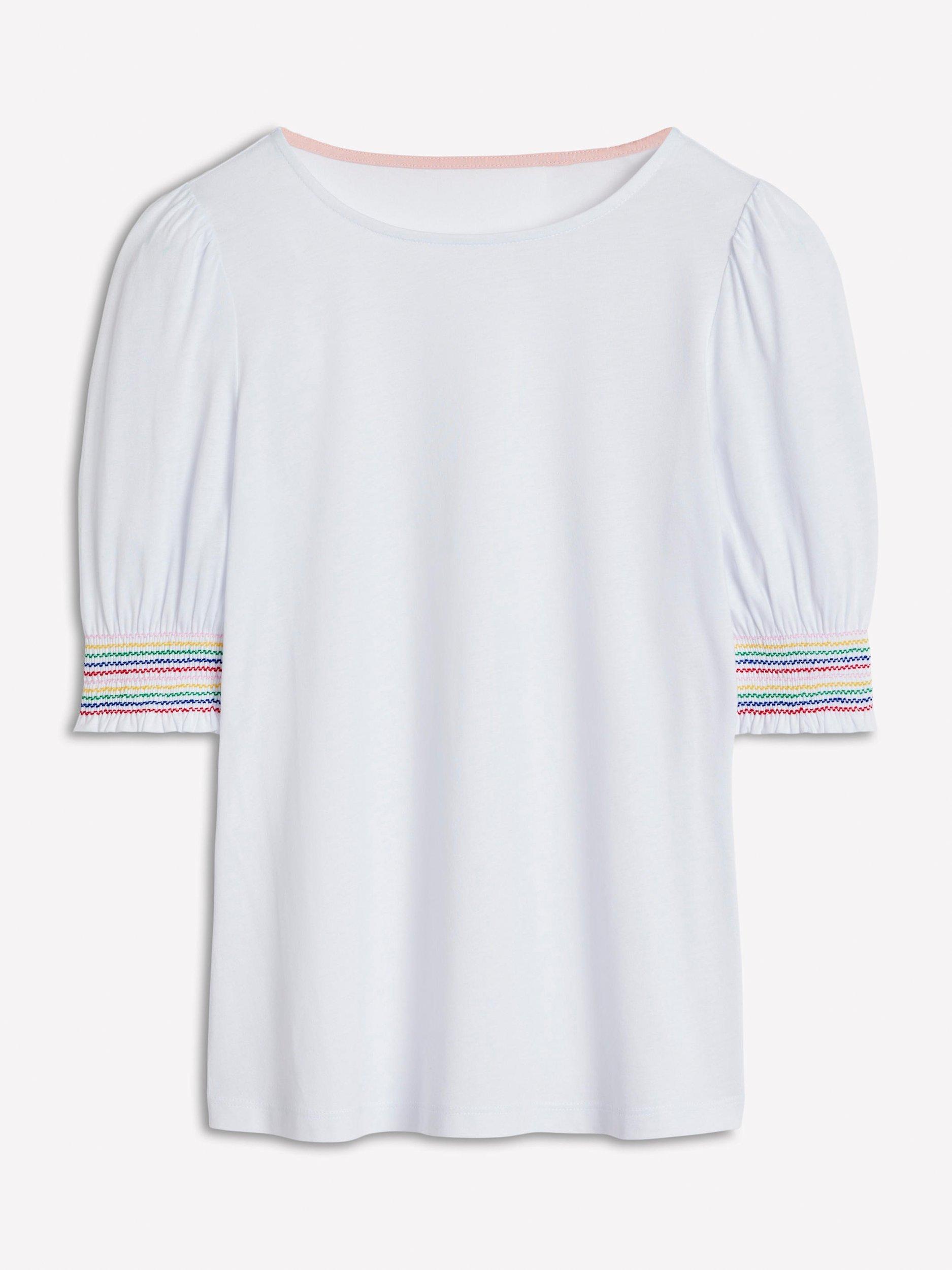 Product image 5 of 5, which shows Boden Puff Sleeve Smock Cuff T-Shirt, White/Multi, 8