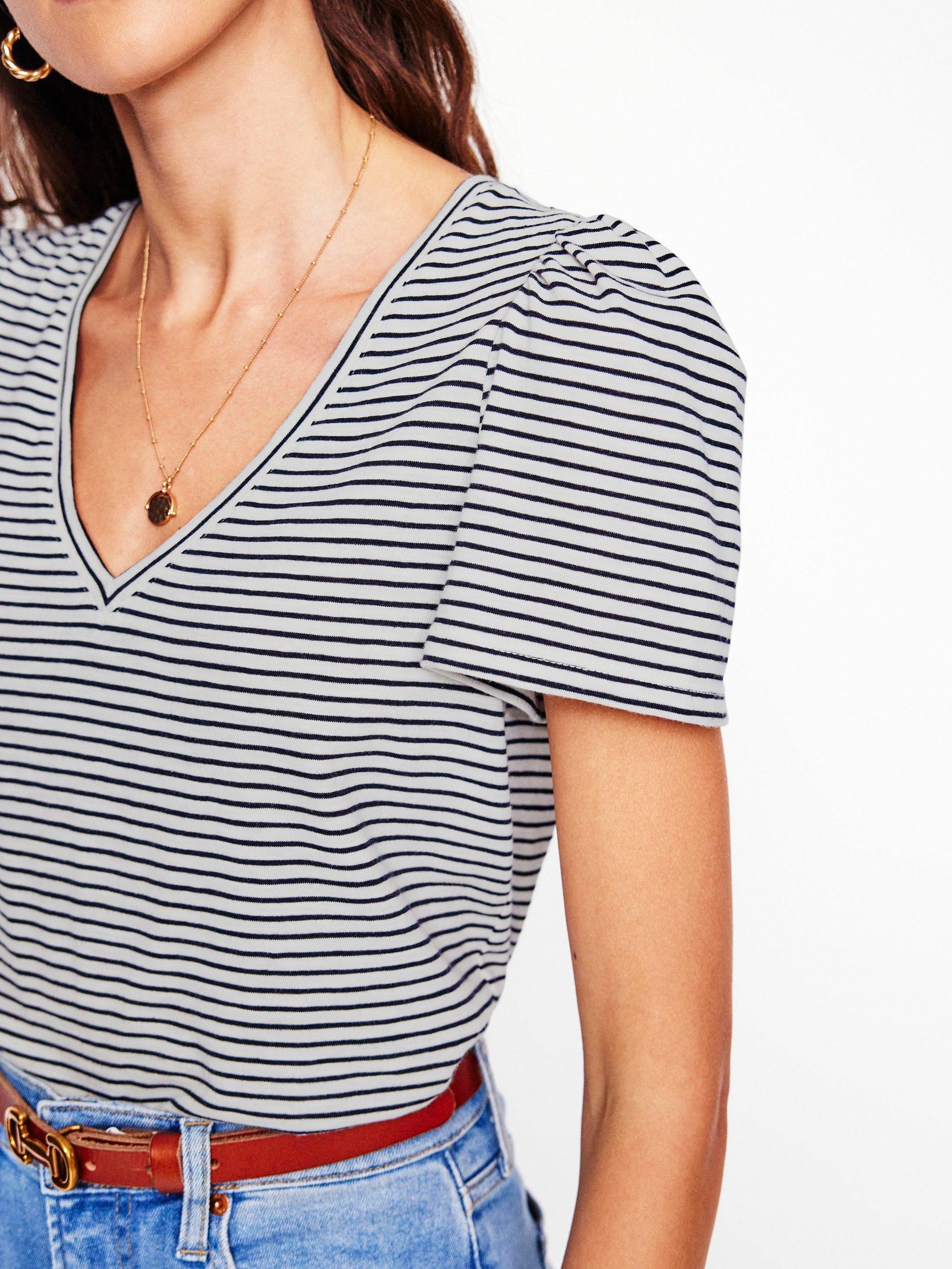 Product image 2 of 5, which shows Boden Stripe Angel Sleeve T-Shirt, Ivory/Navy, XS
