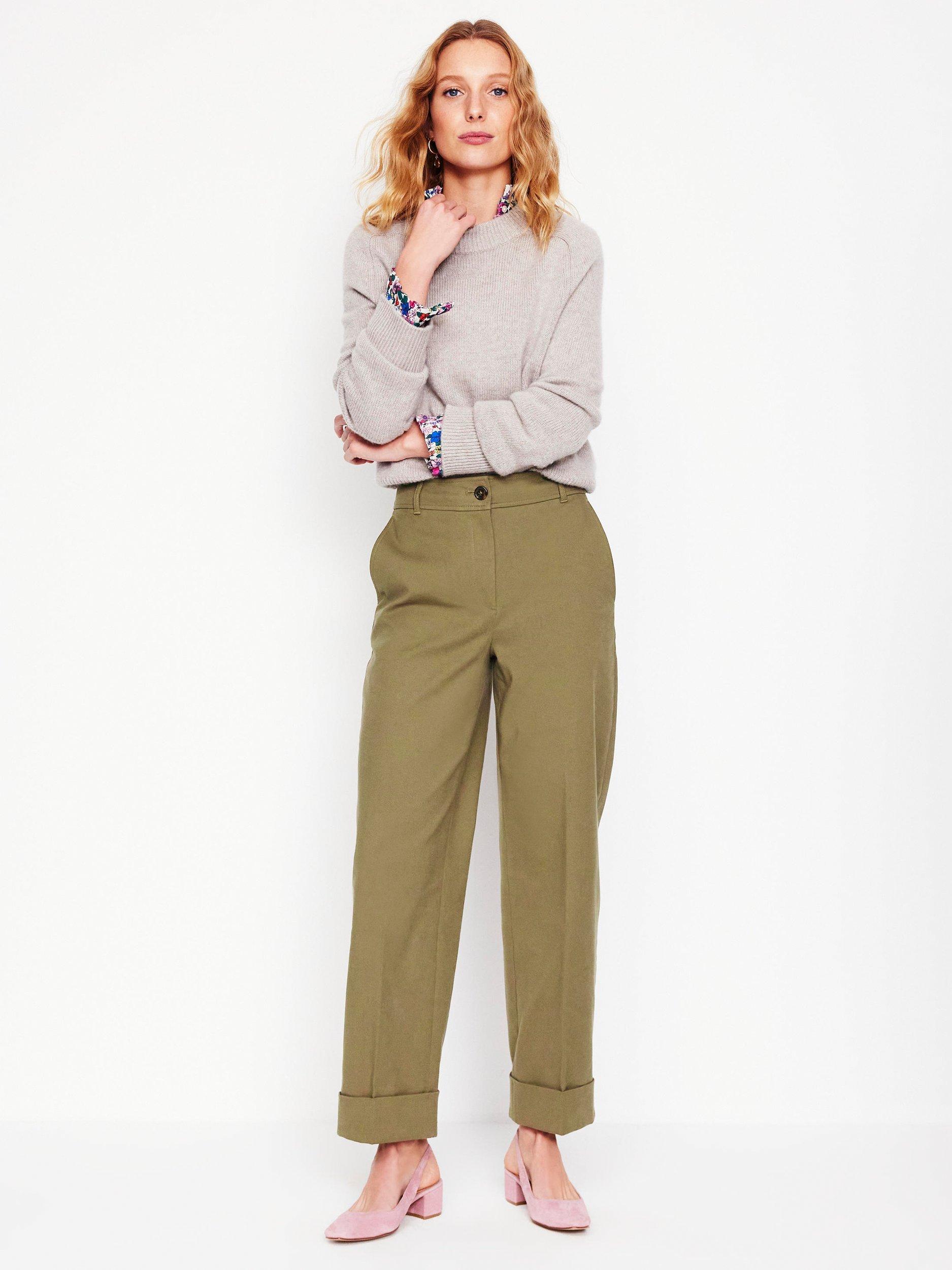 Product image 1 of 5, which shows Boden Straight Turn Up Trousers, Warm Olive, 18
