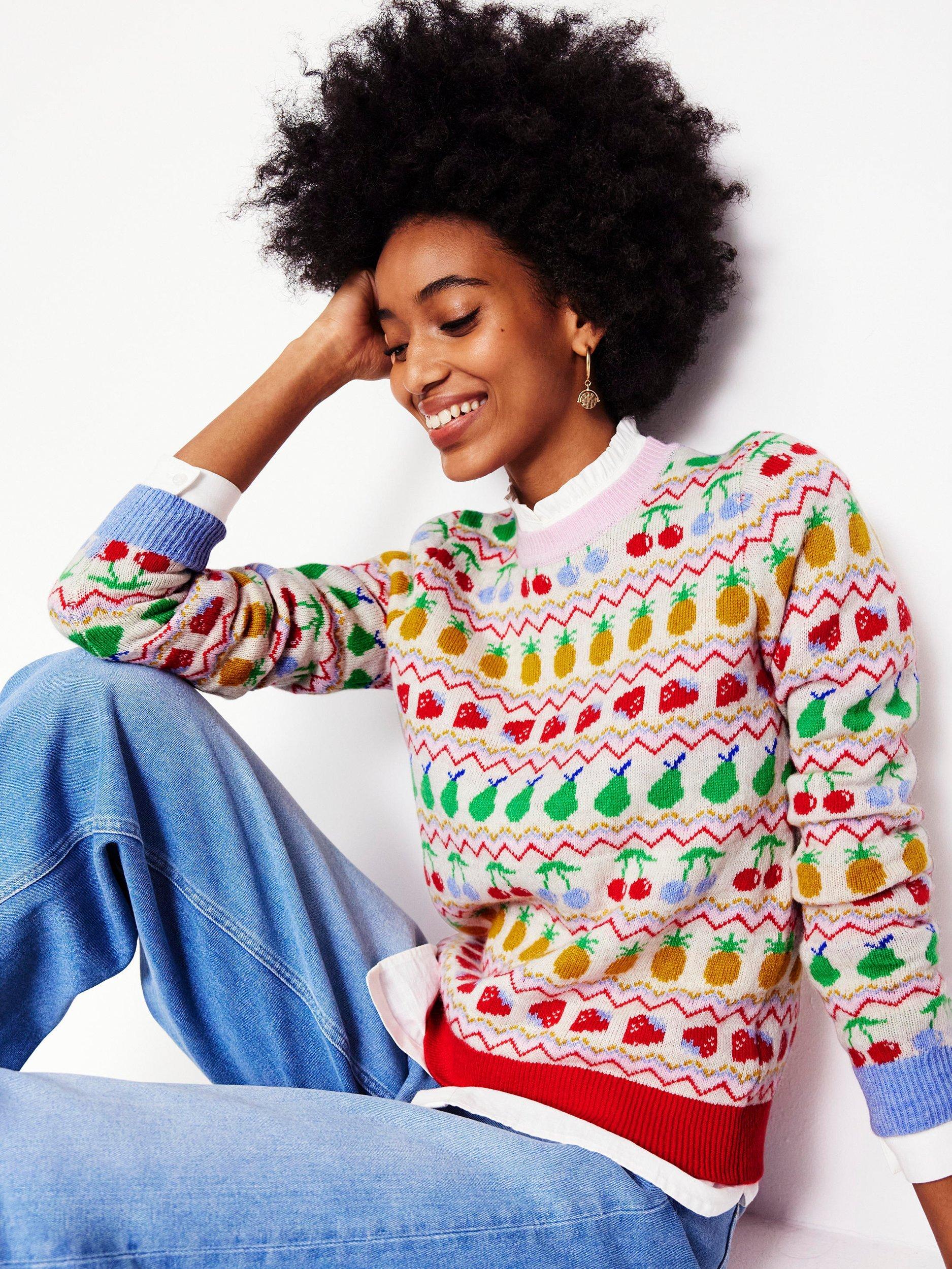 Boden Edie Fruit Fair Isle Jumper, Ecru Marl/Multi