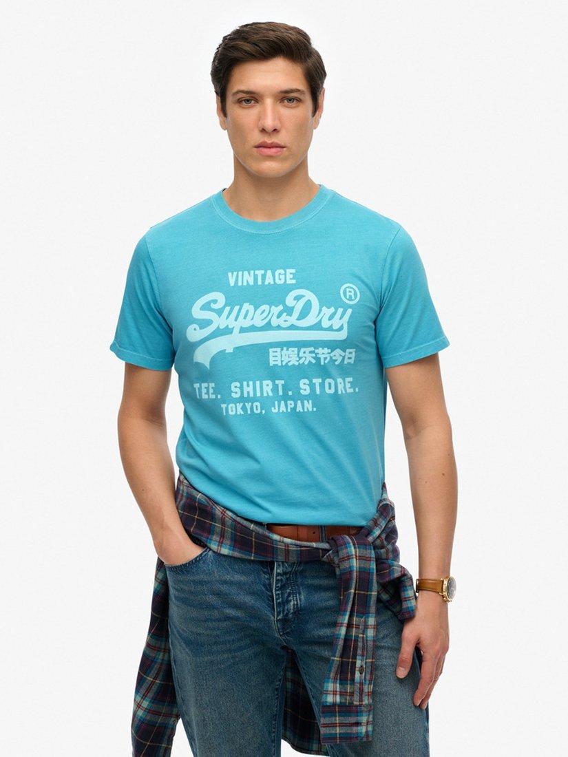 Product image 1 of 5, which shows Superdry Vintage Logo Neon Relaxed T-Shirt, Neon Sky Blue, S