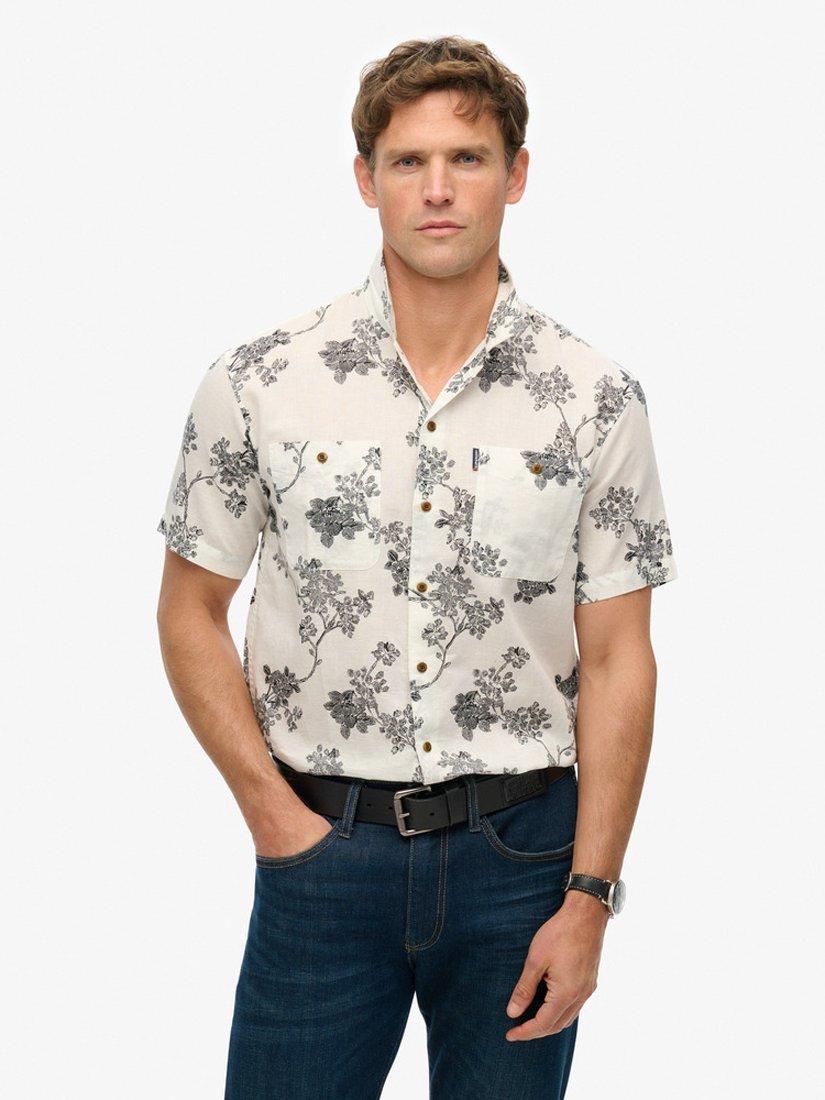 Product image 1 of 5, which shows Superdry Linen Blend Regular Fit Tropical Floral Beach Shirt, Yoshino Optic, S