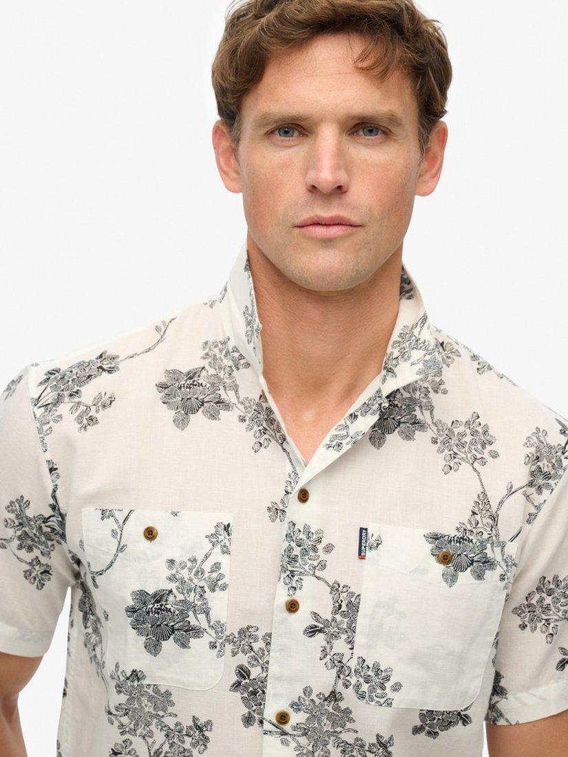 Product image 4 of 5, which shows Superdry Linen Blend Regular Fit Tropical Floral Beach Shirt, Yoshino Optic, S