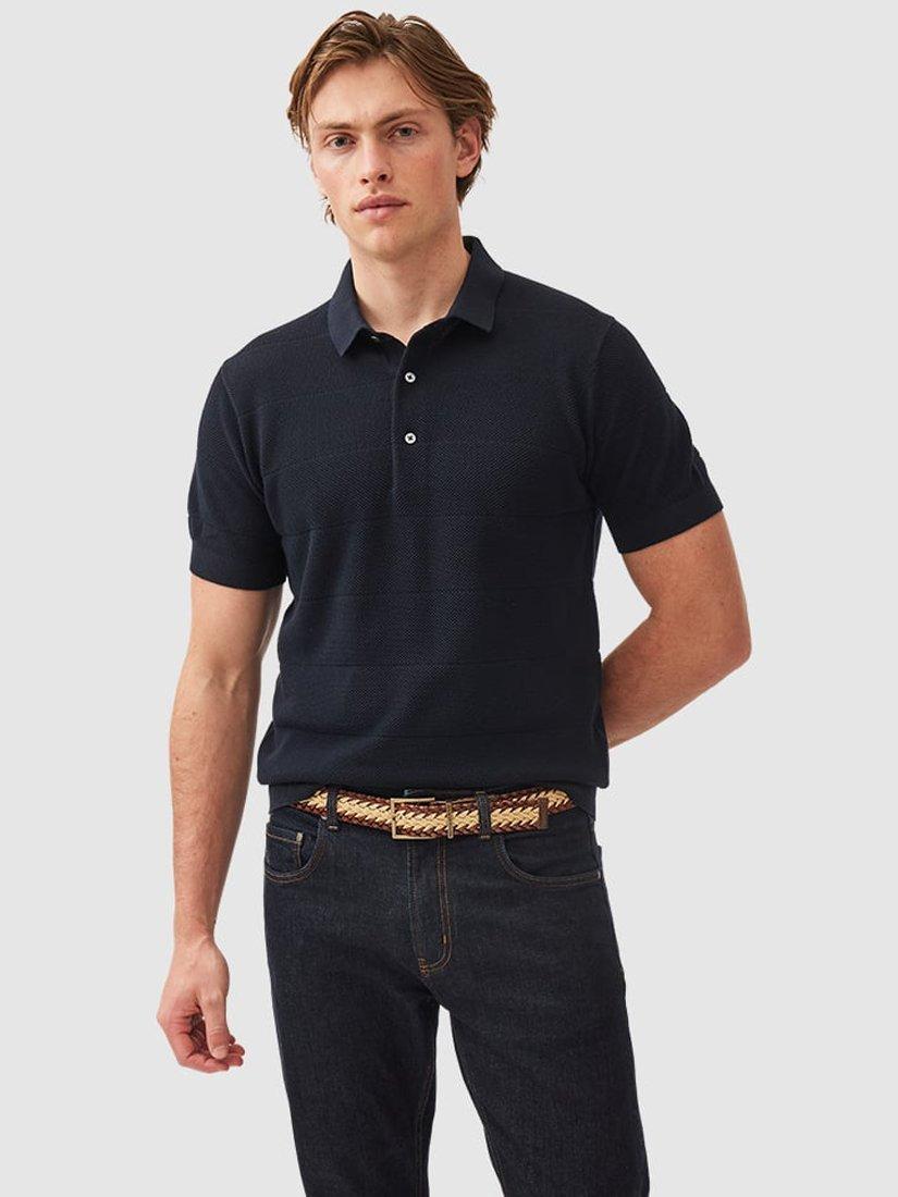 Product image 1 of 5, which shows Rodd & Gunn Masons Flat Cotton Knitted Cotton Short Sleeve Polo Shirt, Midnight, XS