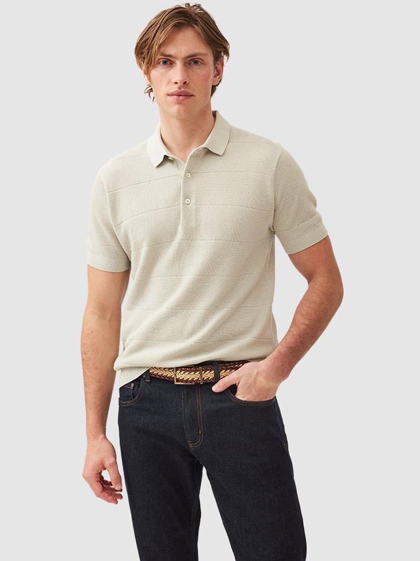 Product image 1 of 5, which shows Rodd & Gunn Masons Flat Cotton Knitted Cotton Short Sleeve Polo Shirt, Stone, XS