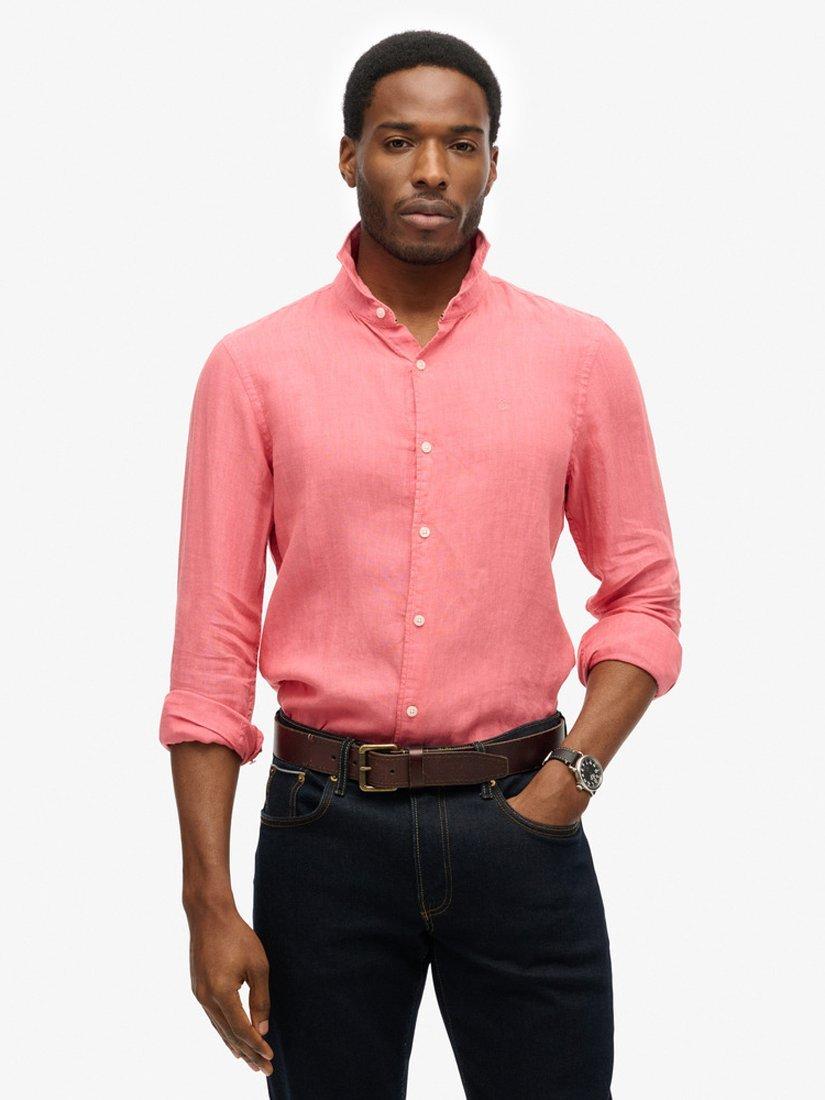 Product image 1 of 5, which shows Superdry Embroidered Vacation Pure Linen Shirt, Candy Pink, S