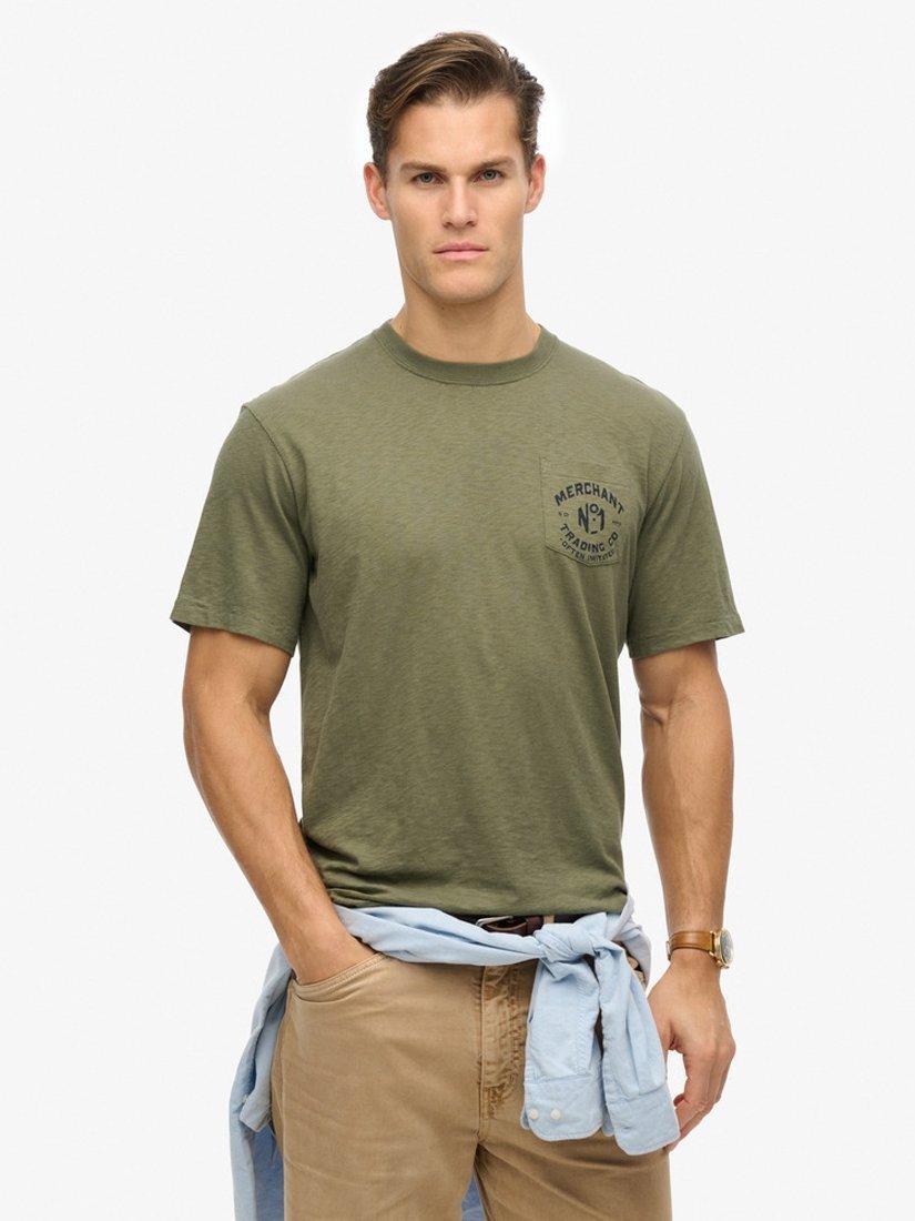 Product image 1 of 5, which shows Superdry Cotton Merchant Store Collection Graphic T-Shirt, Dusty Olive Green, S
