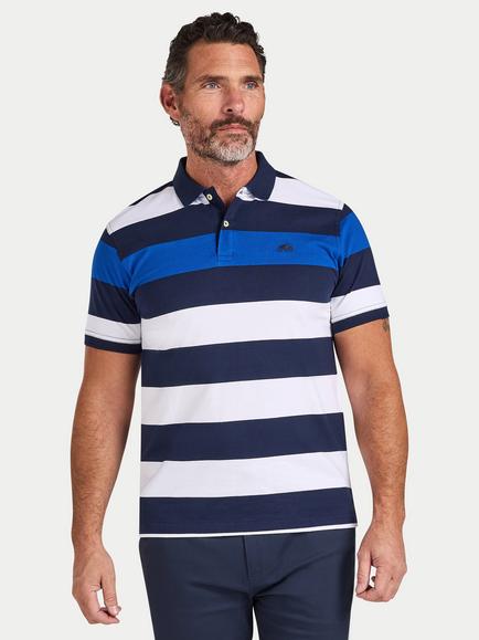 Raging Bull Cotton Regular Fit Short Sleeve Striped Polo Shirt, Navy, Navy
