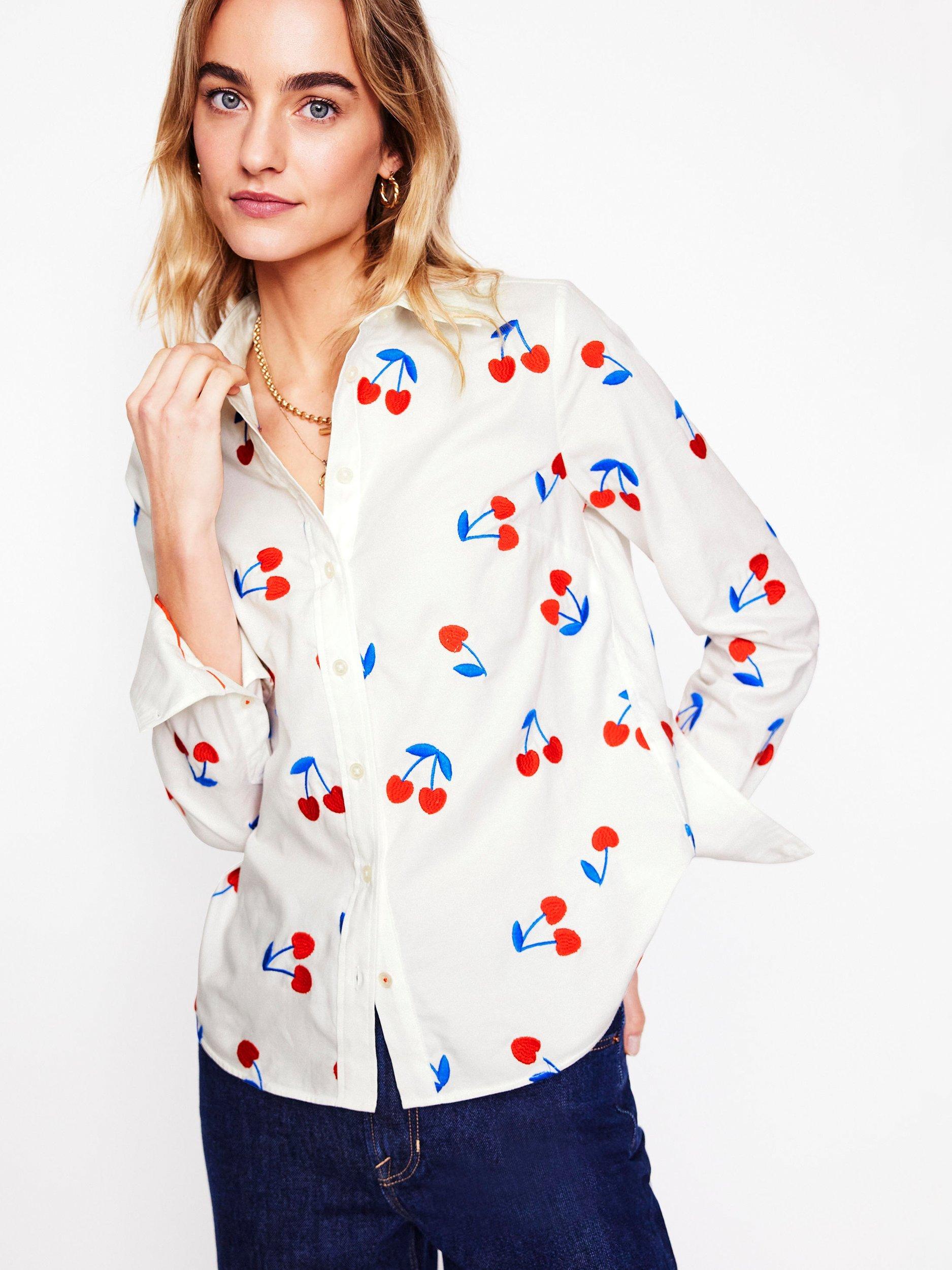 Boden Sienna Embroidered Cherries Shirt, White/Multi