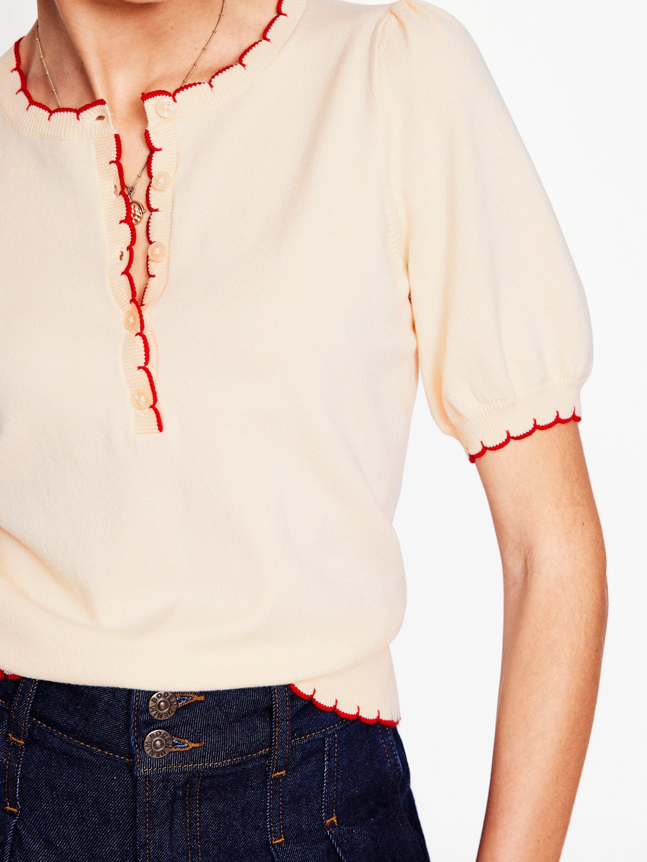 Product image 2 of 8, which shows Boden Pru Scallop Trim T-Shirt, Warm Ivory, XS