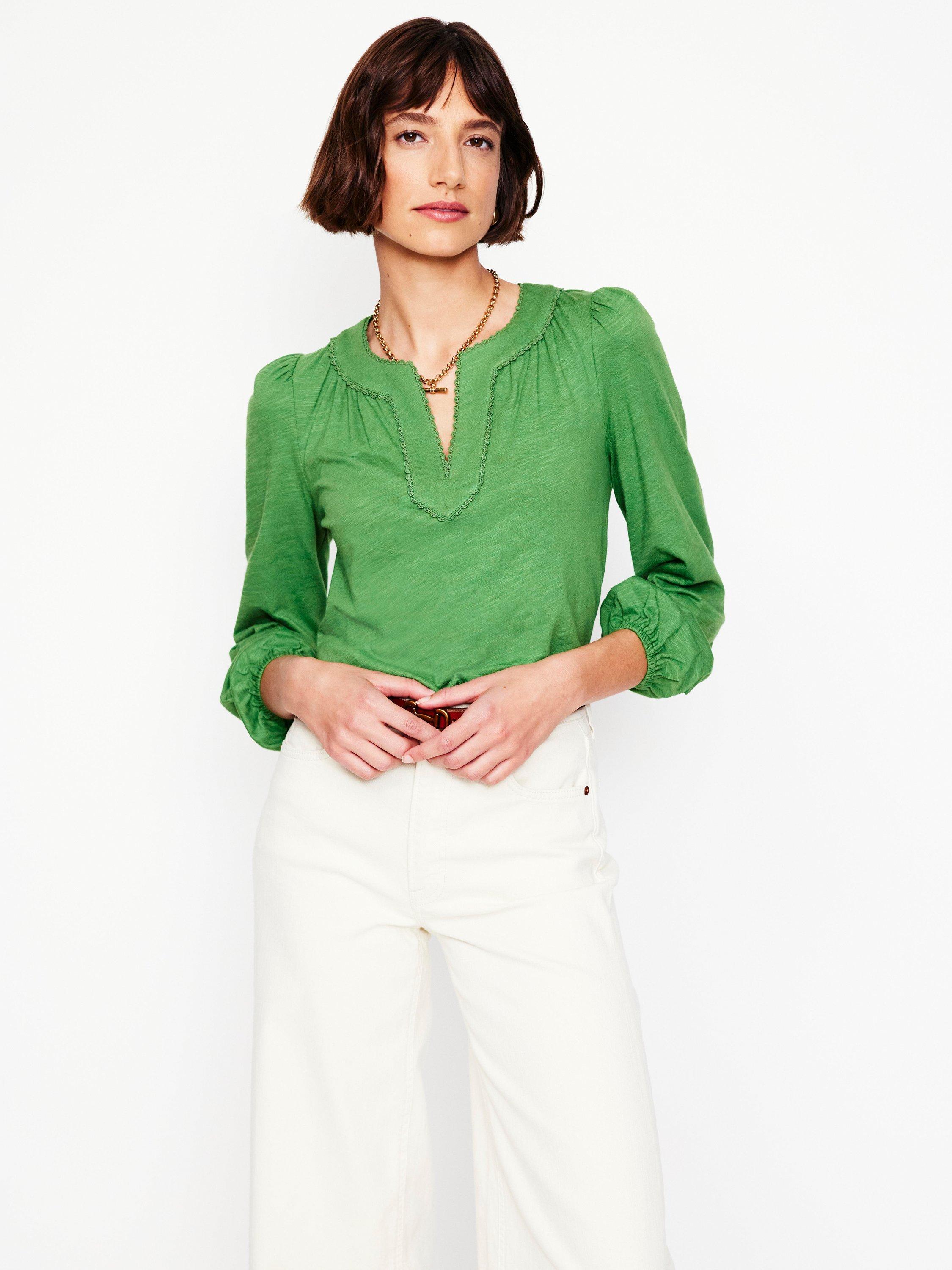 Product image 1 of 5, which shows Boden Ava Lace Trim Top, Iguana Green, 8