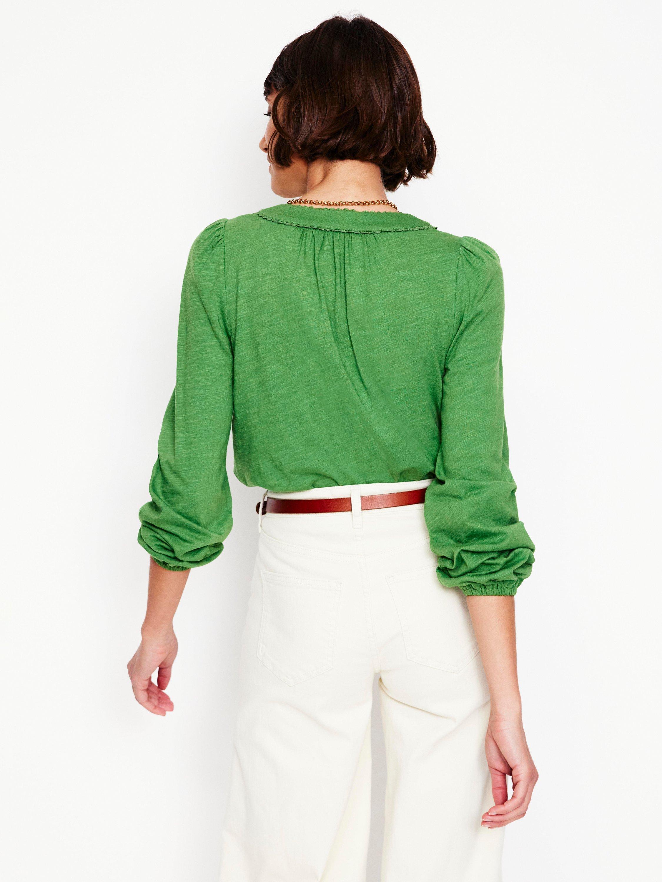 Product image 2 of 5, which shows Boden Ava Lace Trim Top, Iguana Green, 8