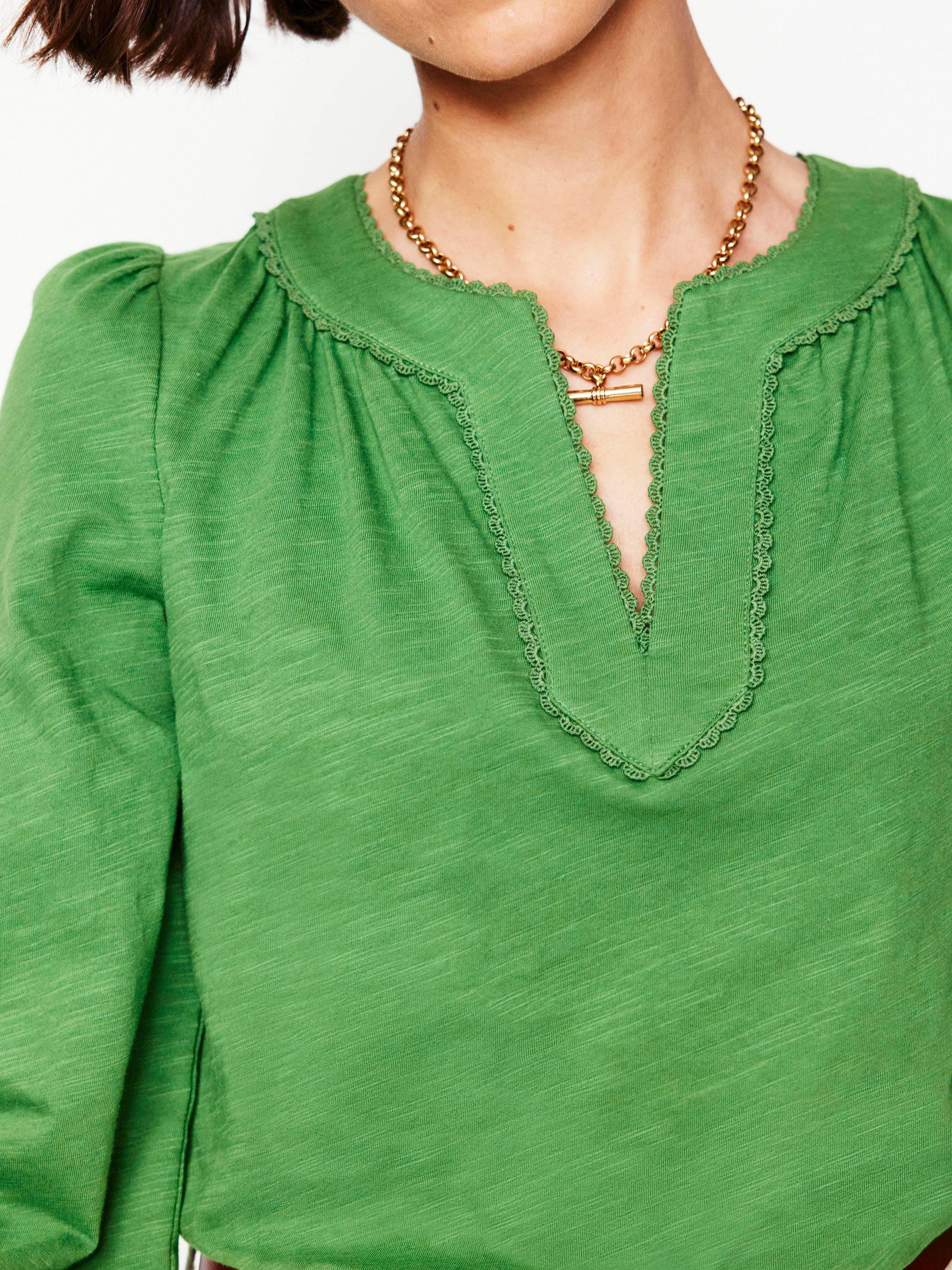 Product image 3 of 5, which shows Boden Ava Lace Trim Top, Iguana Green, 8