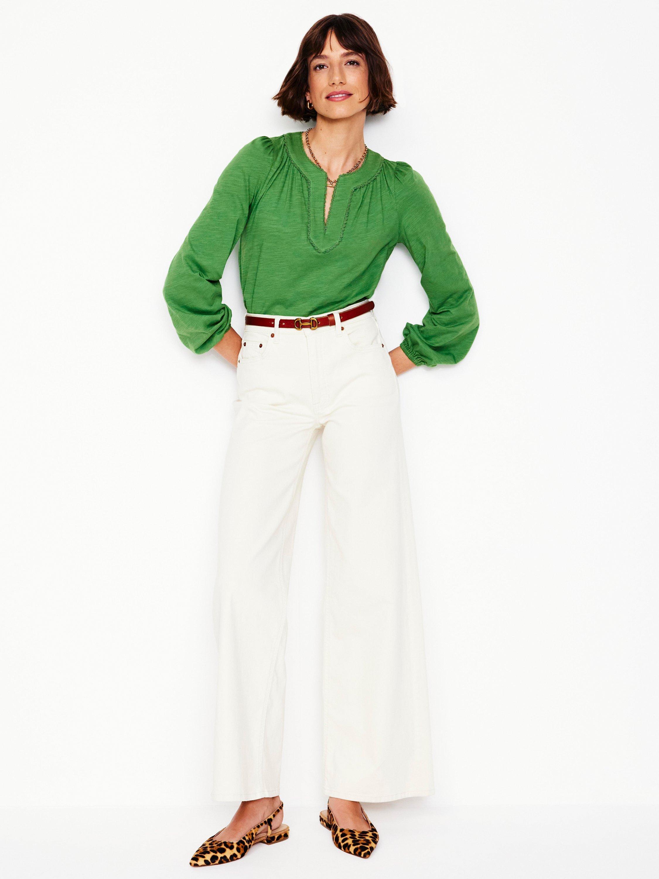 Product image 4 of 5, which shows Boden Ava Lace Trim Top, Iguana Green, 8
