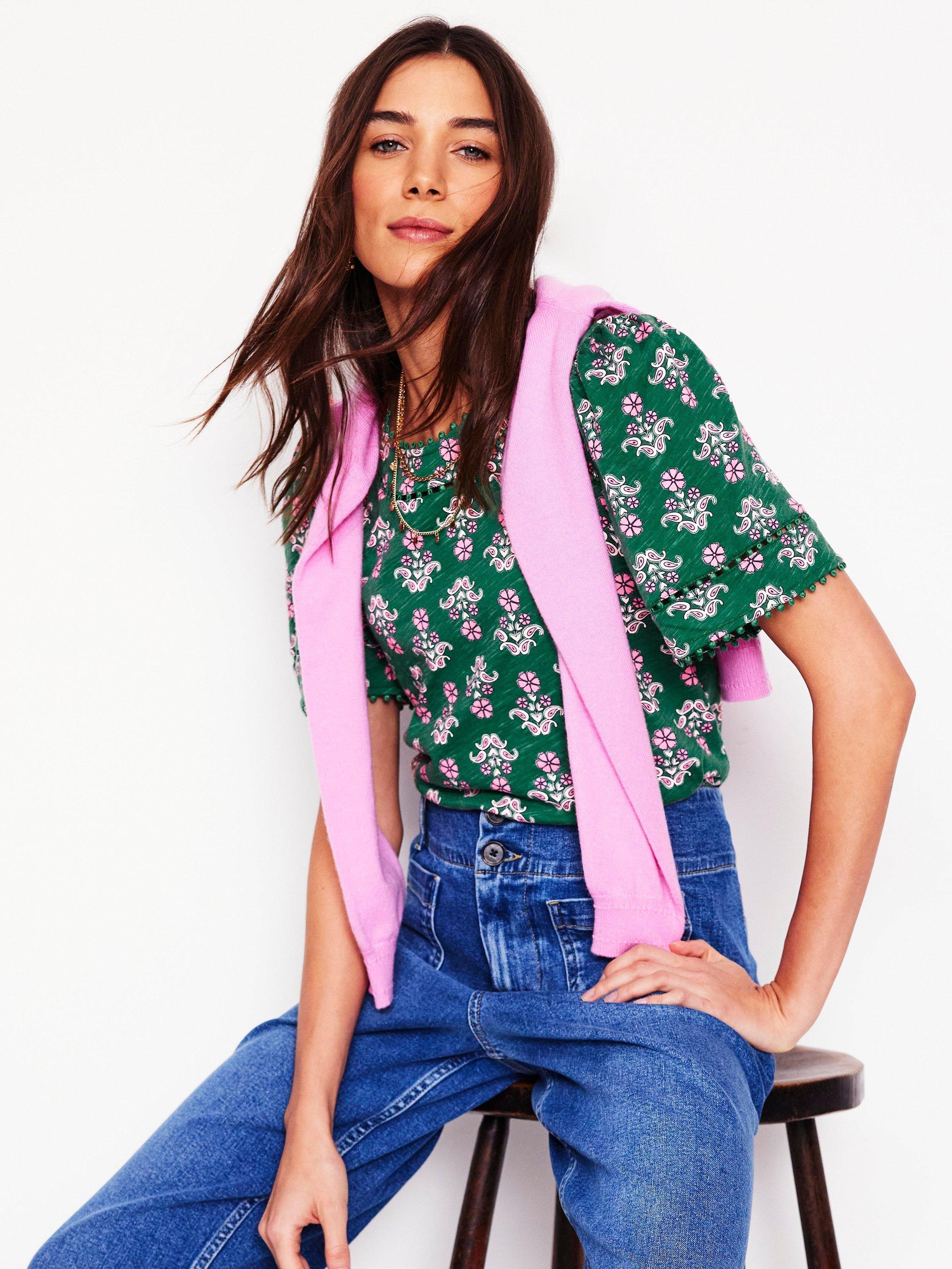 Product image 1 of 5, which shows Boden Mila Floral Trim Detail Top, Grass/Multi, 10