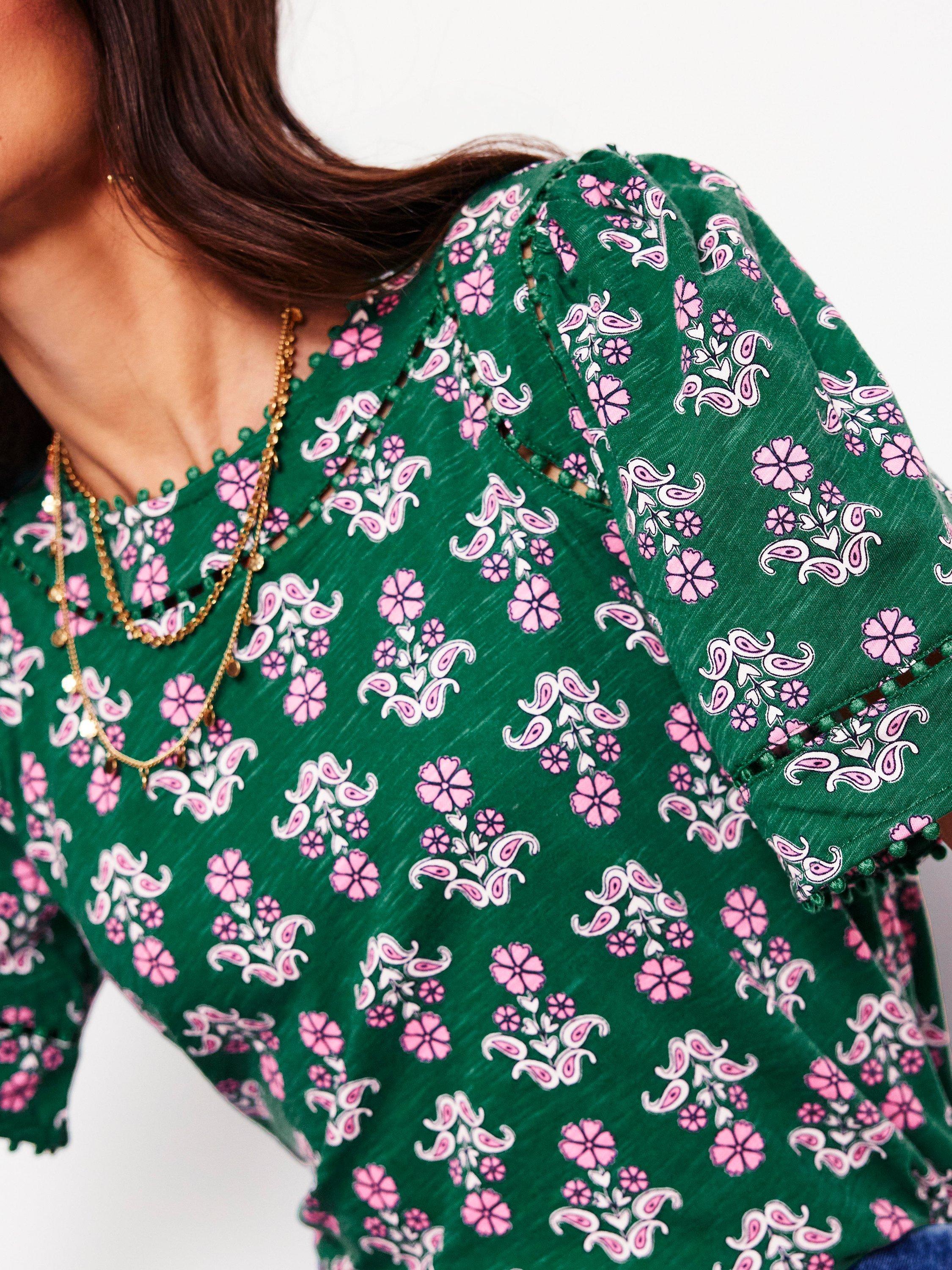 Product image 2 of 5, which shows Boden Mila Floral Trim Detail Top, Grass/Multi, 10