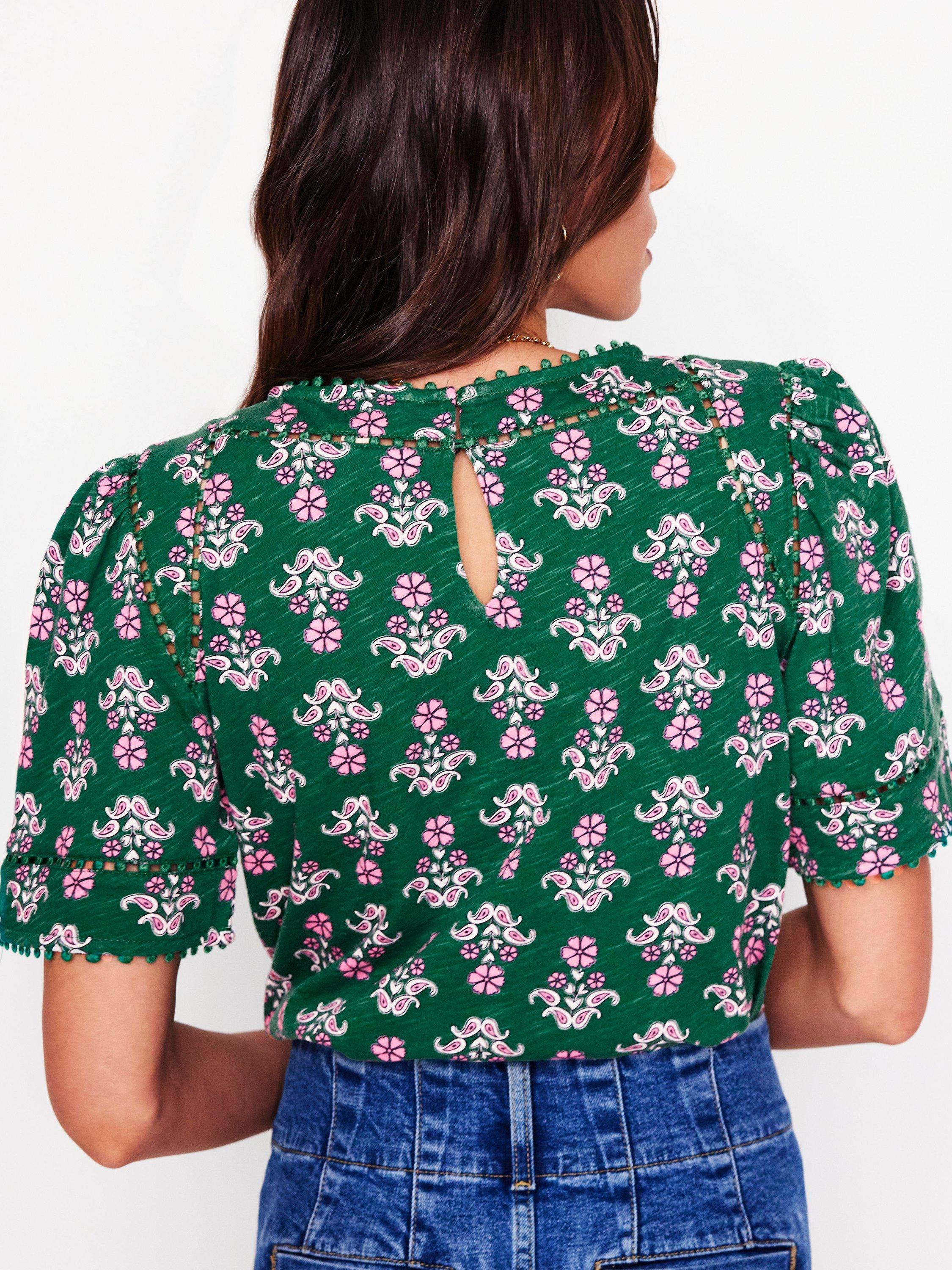 Product image 3 of 5, which shows Boden Mila Floral Trim Detail Top, Grass/Multi, 10