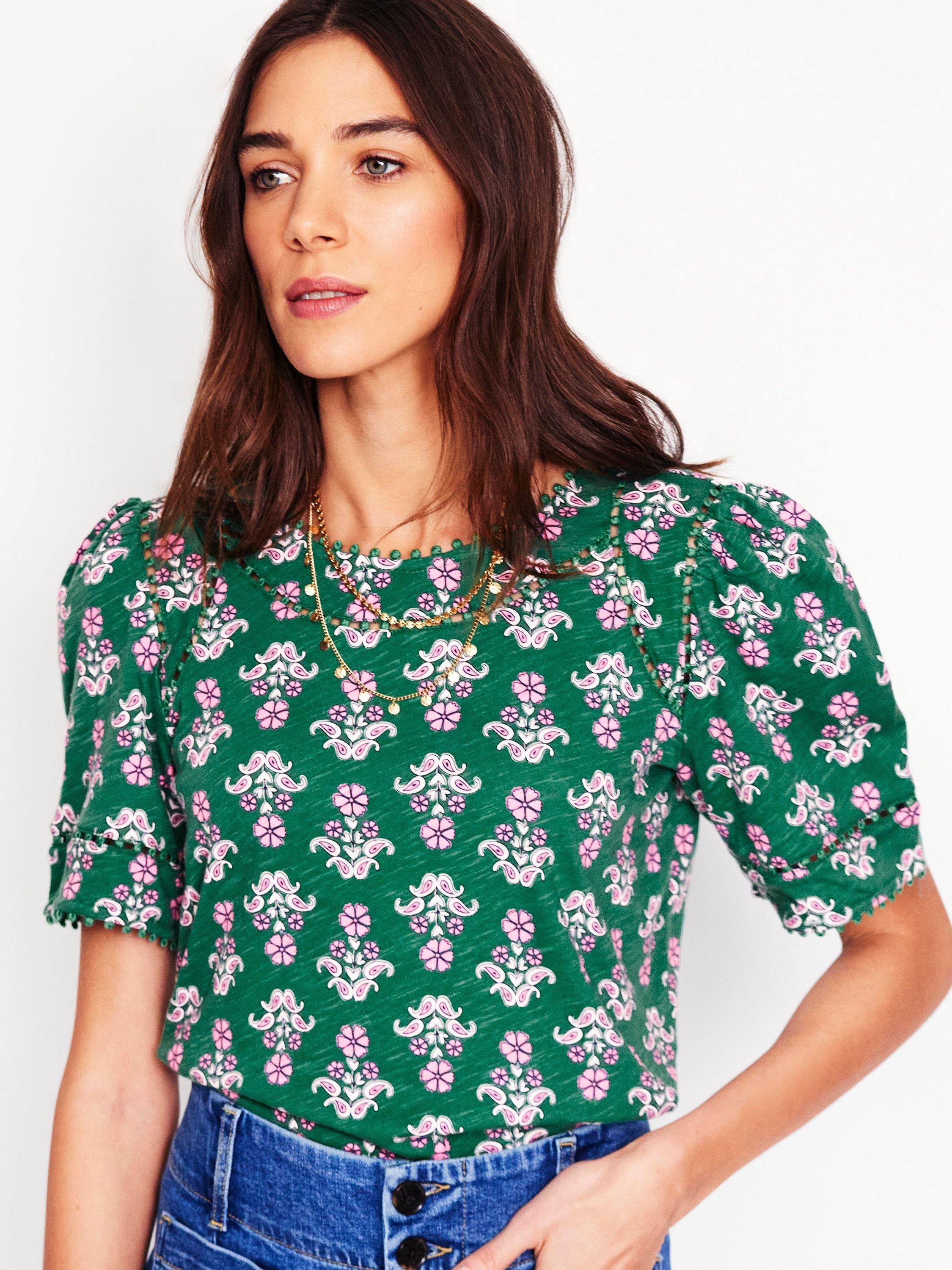 Product image 4 of 5, which shows Boden Mila Floral Trim Detail Top, Grass/Multi, 10