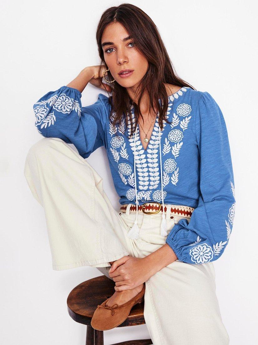 Boden Nia Embroidered Top, Blue River