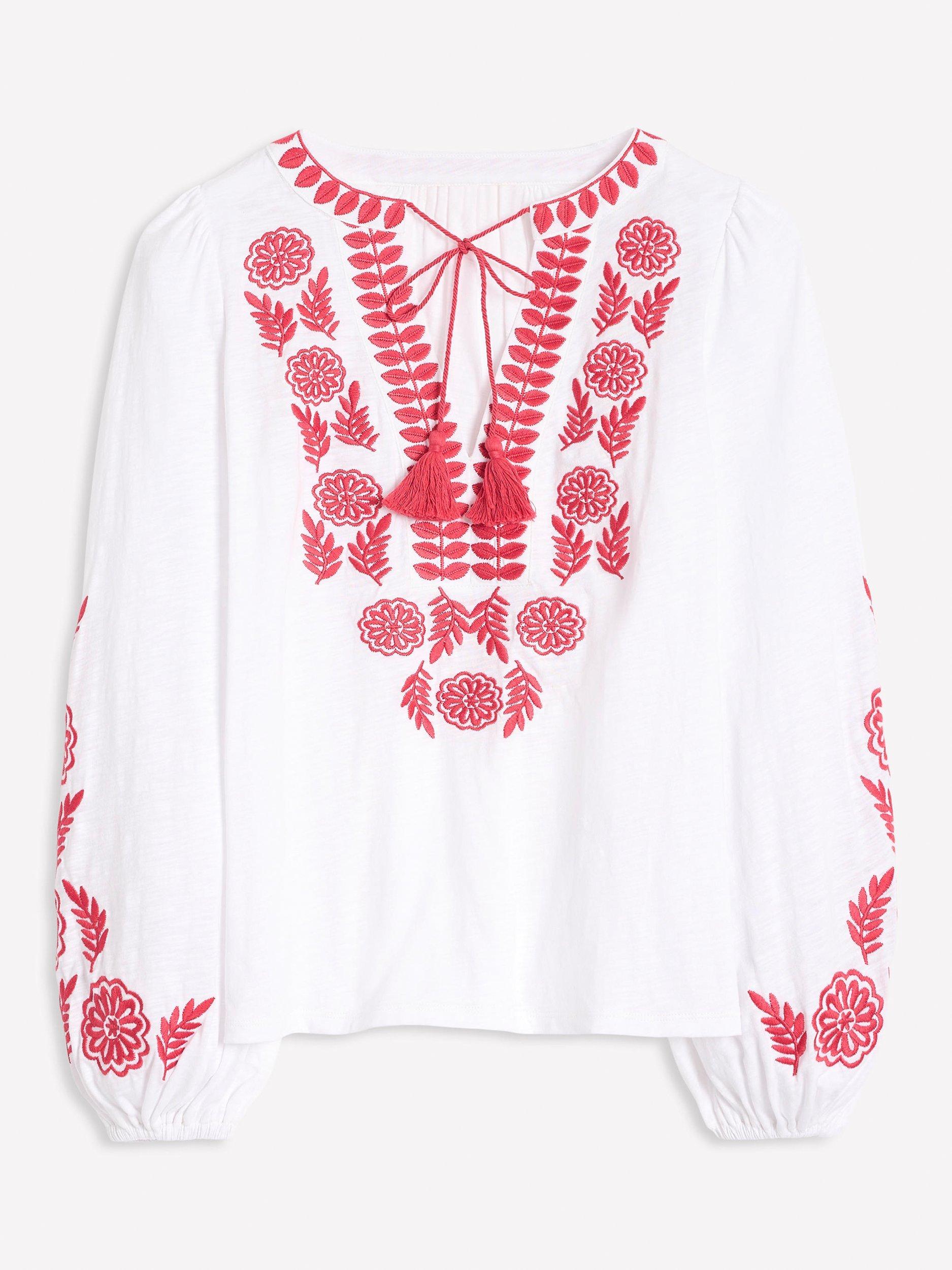 Product image 5 of 5, which shows Boden Nia Boho Embroidered Top, White/Berry Red, XL