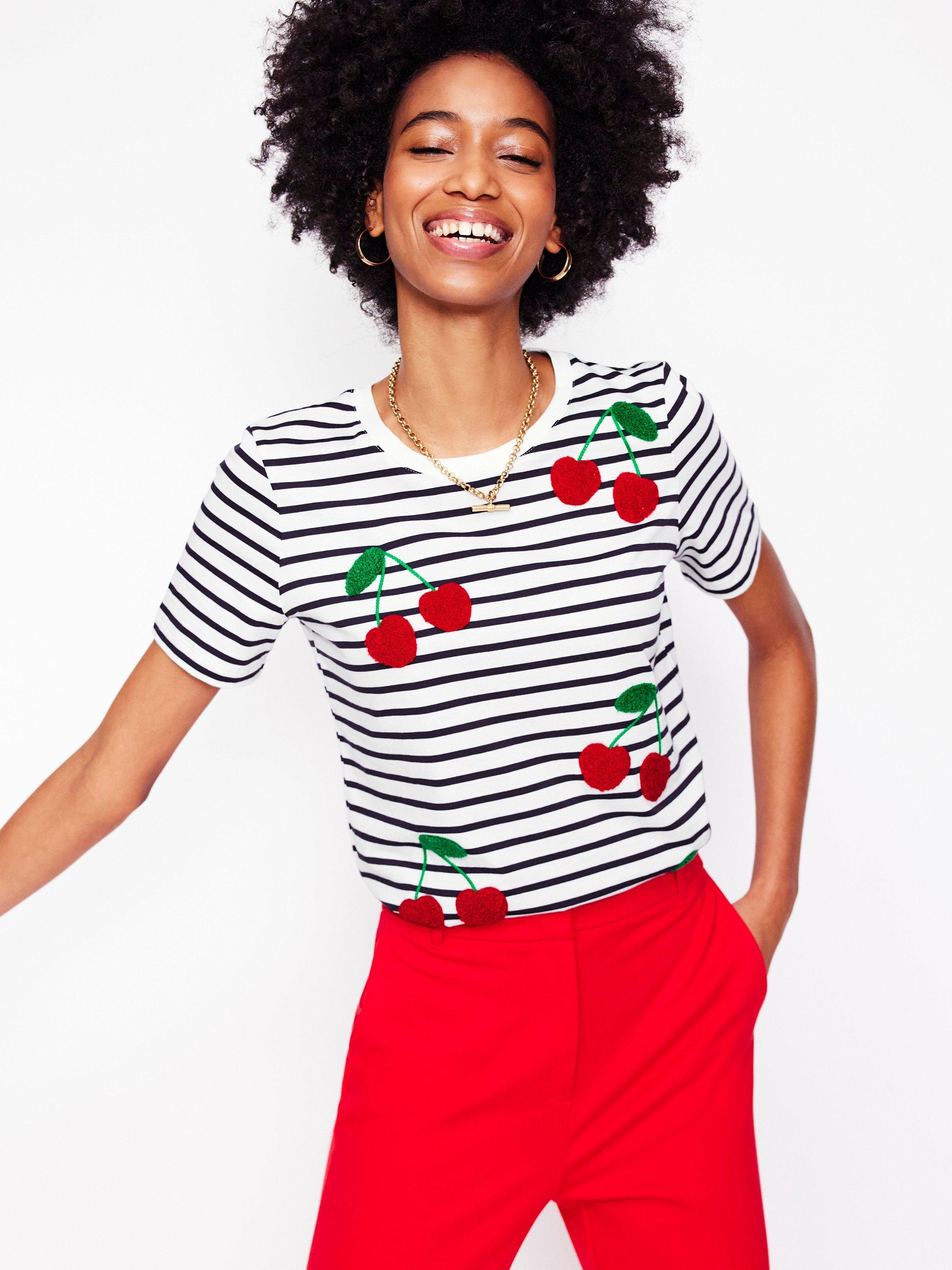 Boden Cherries Stripe T-Shirt, Ivory/Navy