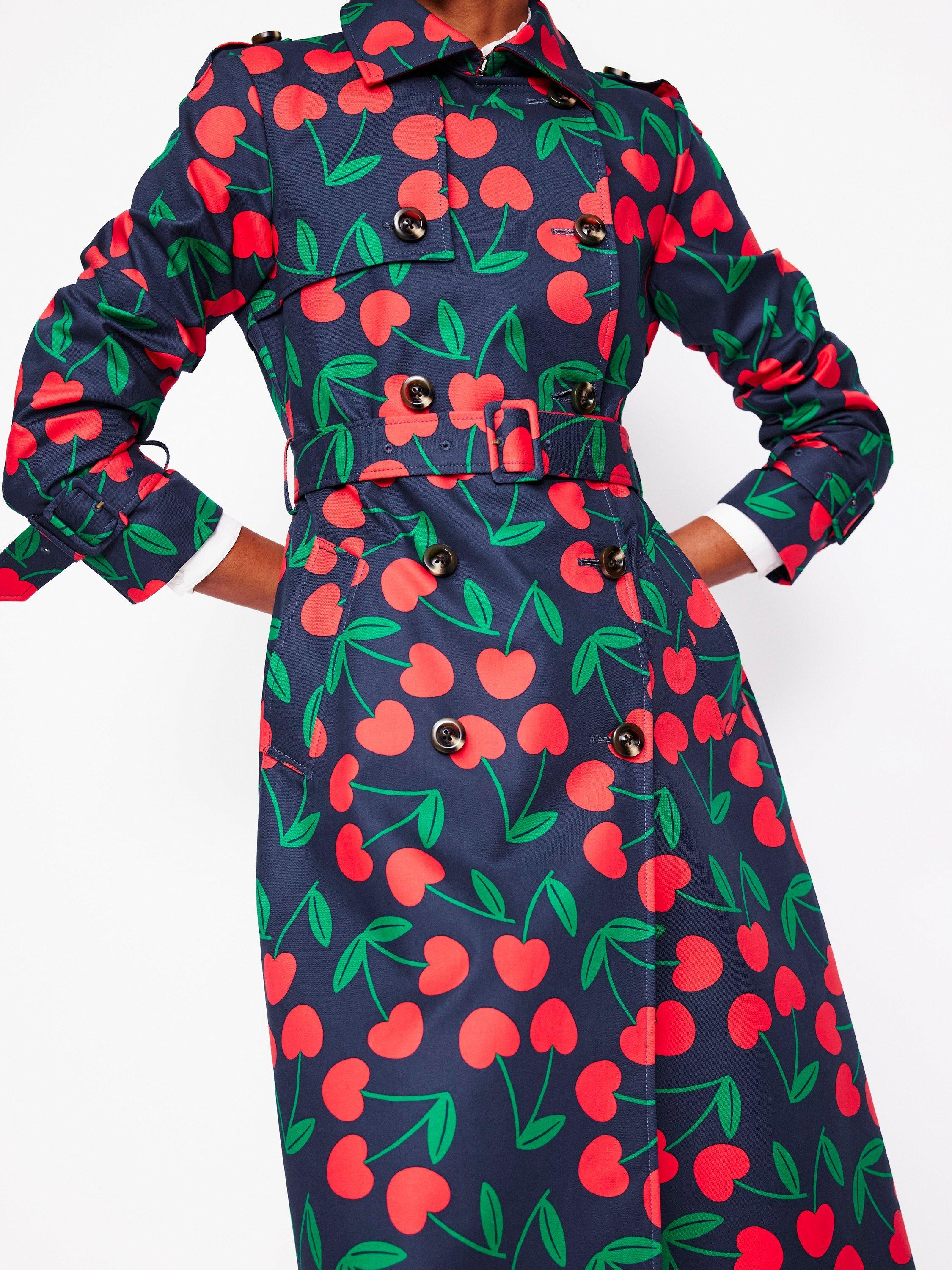 Product image 2 of 5, which shows Boden Cheltenham Cherry Print Trench Coat, Navy/Multi, 8