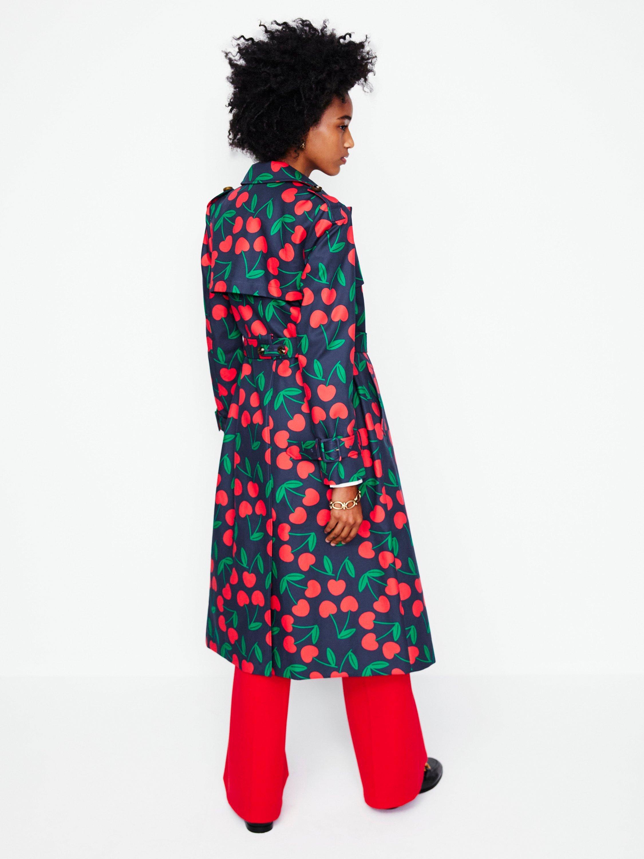 Product image 3 of 5, which shows Boden Cheltenham Cherry Print Trench Coat, Navy/Multi, 8