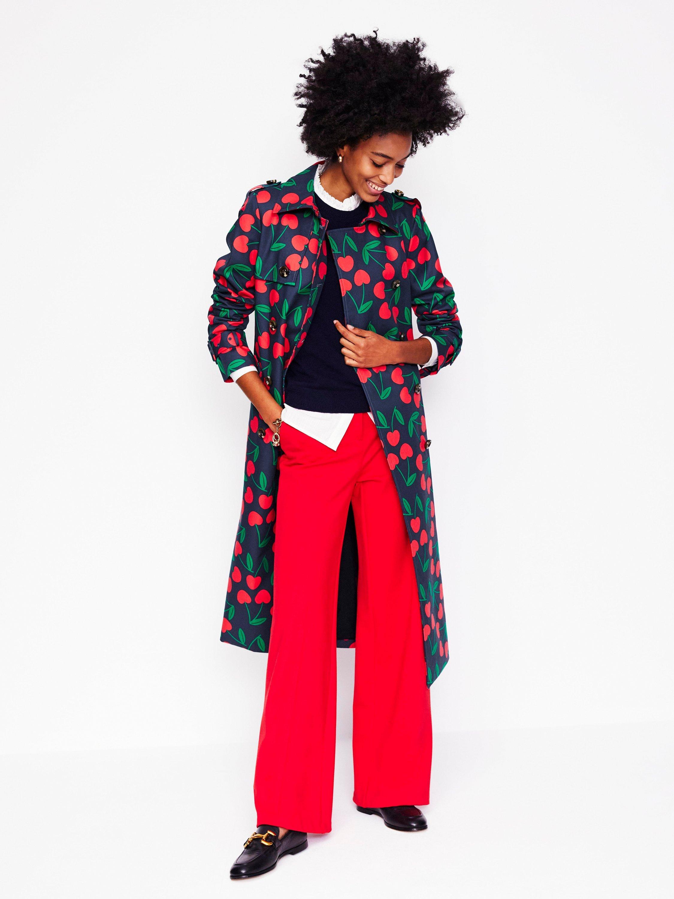 Product image 4 of 5, which shows Boden Cheltenham Cherry Print Trench Coat, Navy/Multi, 8