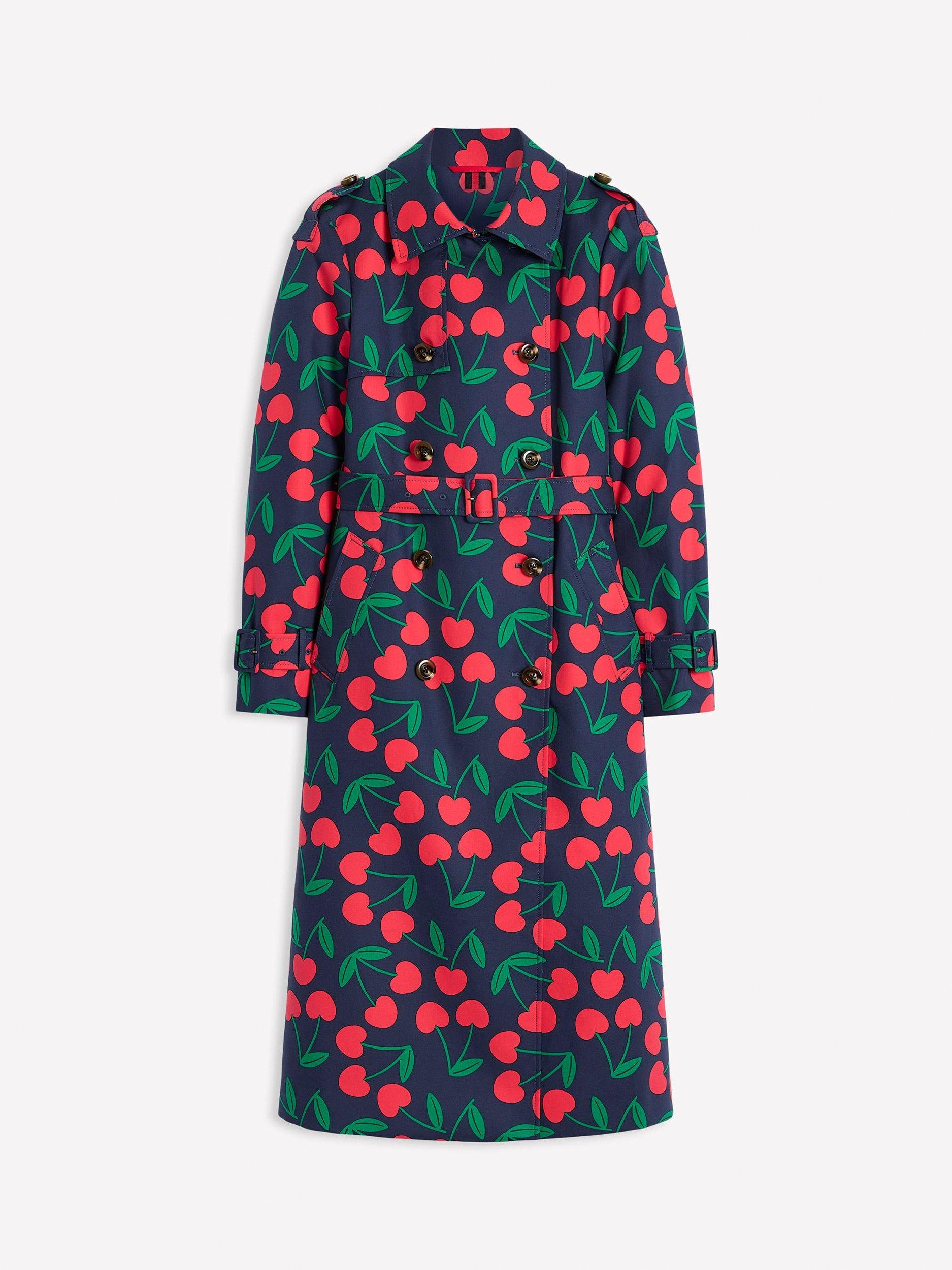 Product image 5 of 5, which shows Boden Cheltenham Cherry Print Trench Coat, Navy/Multi, 8
