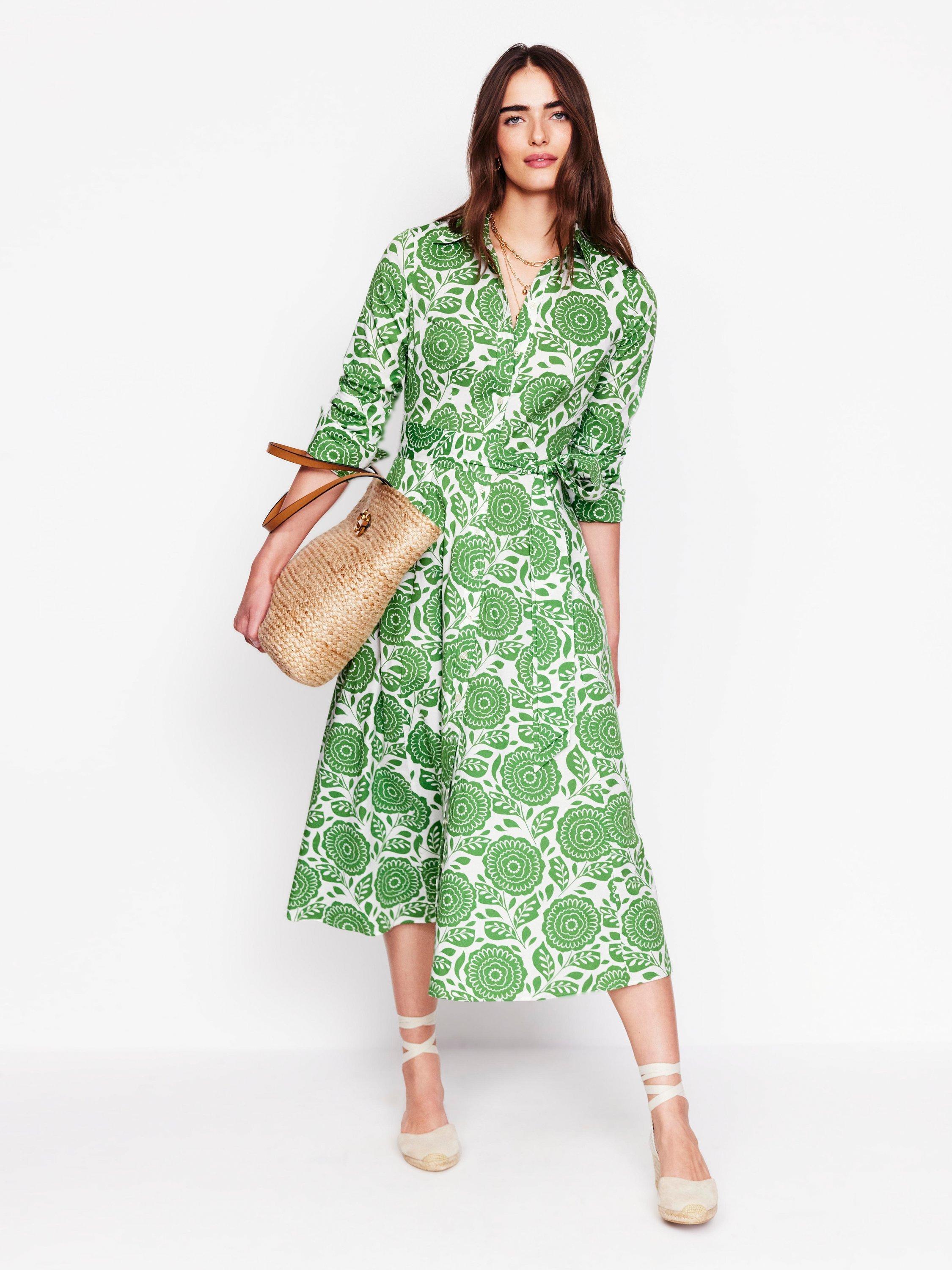 Product image 1 of 6, which shows Boden Amy Floral Midi Shirt Dress, Green/Multi, 12