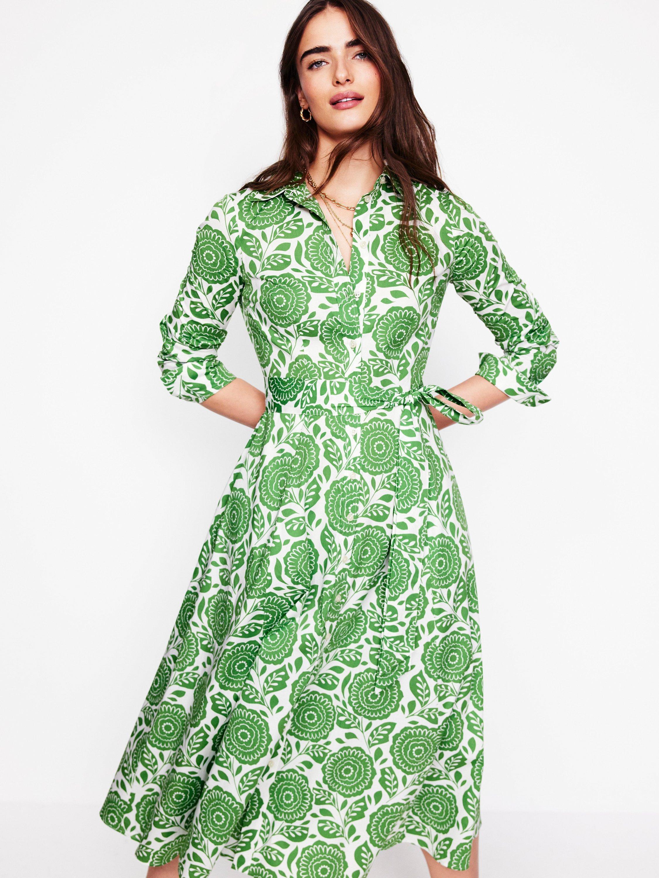 Product image 4 of 6, which shows Boden Amy Floral Midi Shirt Dress, Green/Multi, 12