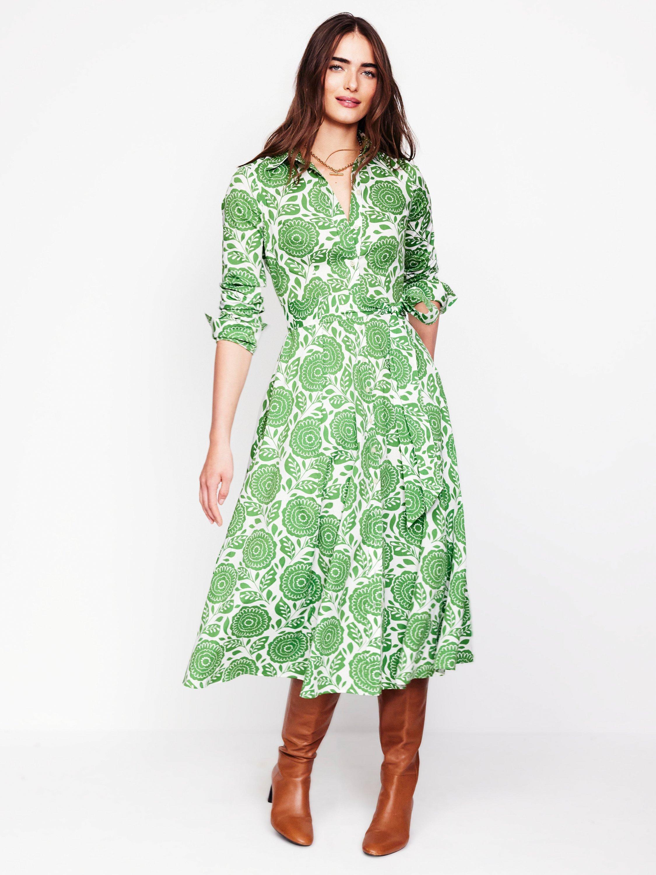 Product image 5 of 6, which shows Boden Amy Floral Midi Shirt Dress, Green/Multi, 12