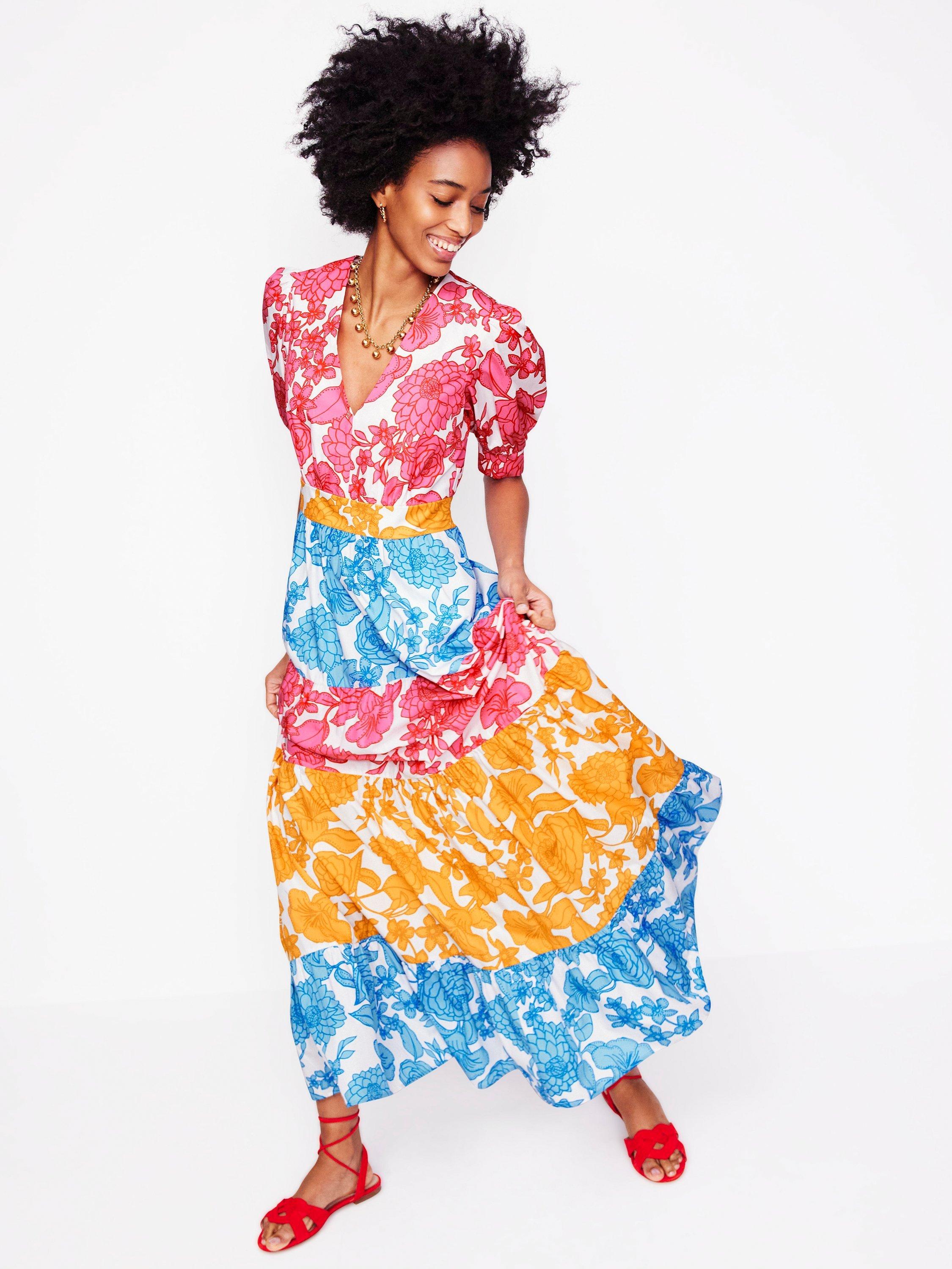 Product image 1 of 5, which shows Boden Bella Tiered Puff Sleeve Maxi Dress, Multi, Cascade, 8