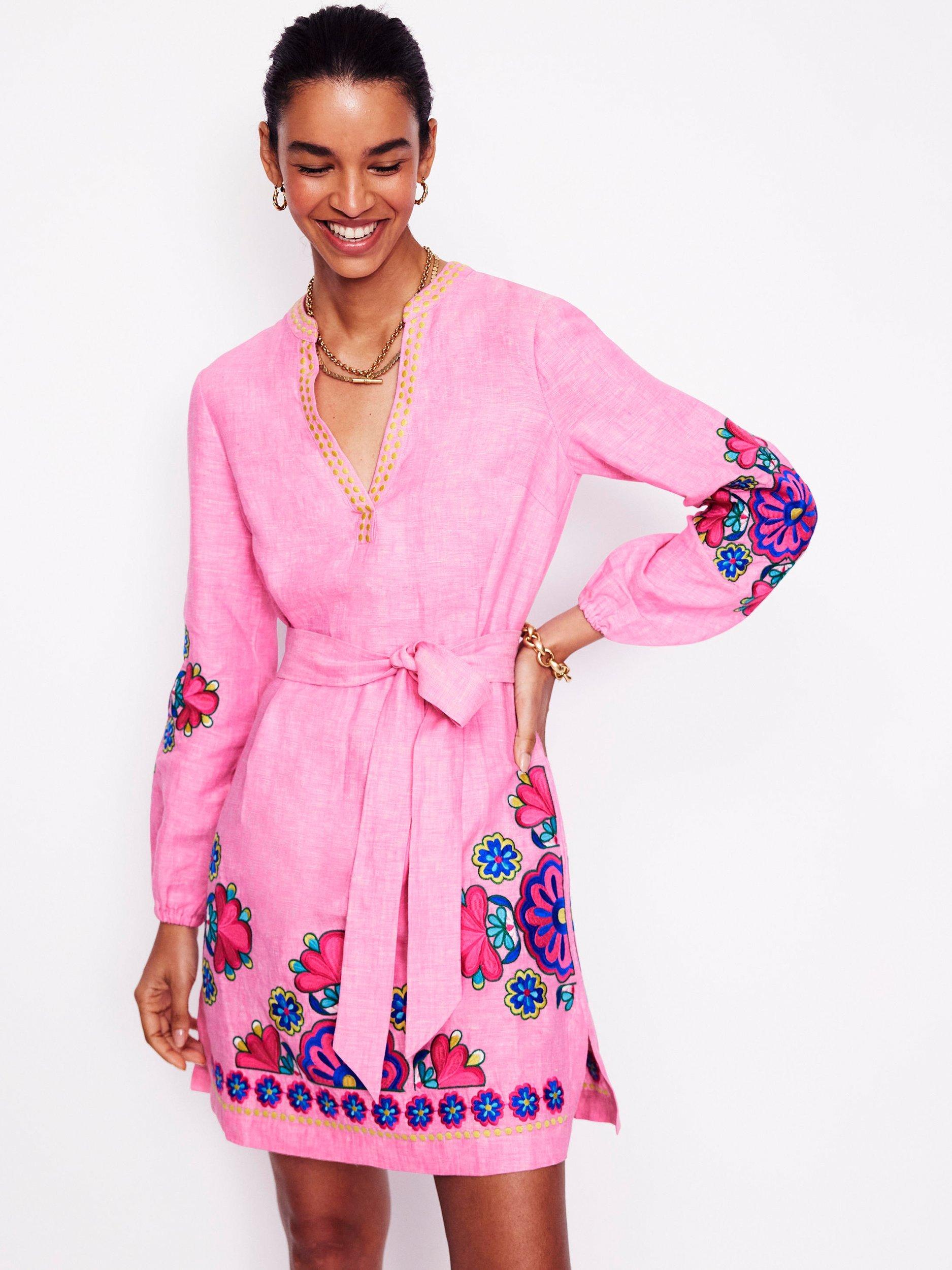 Product image 1 of 5, which shows Boden Cleo Tie Waist Pure Linen Dress, Pink/Multi, 12