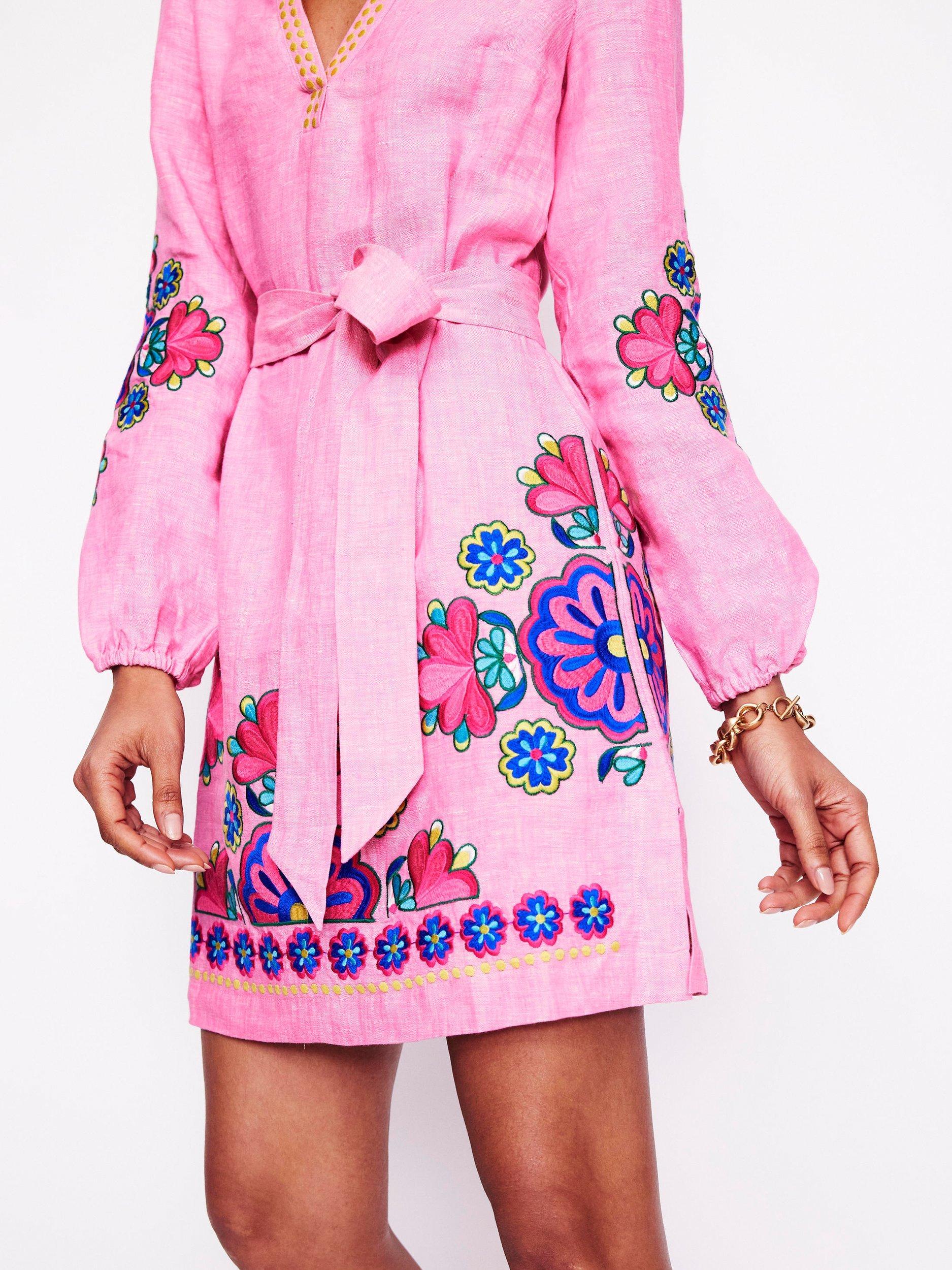 Product image 2 of 5, which shows Boden Cleo Tie Waist Pure Linen Dress, Pink/Multi, 12