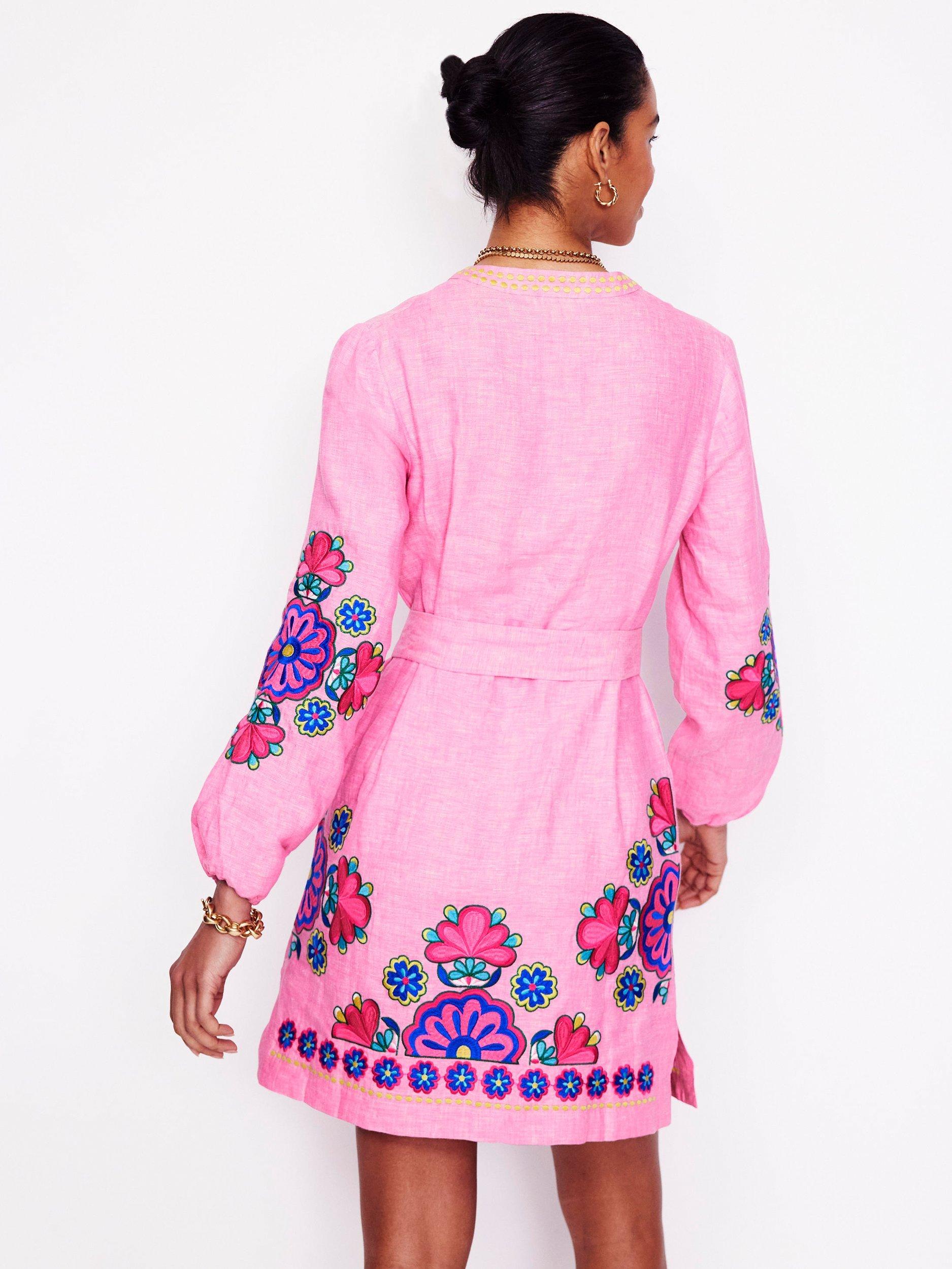 Product image 3 of 5, which shows Boden Cleo Tie Waist Pure Linen Dress, Pink/Multi, 12