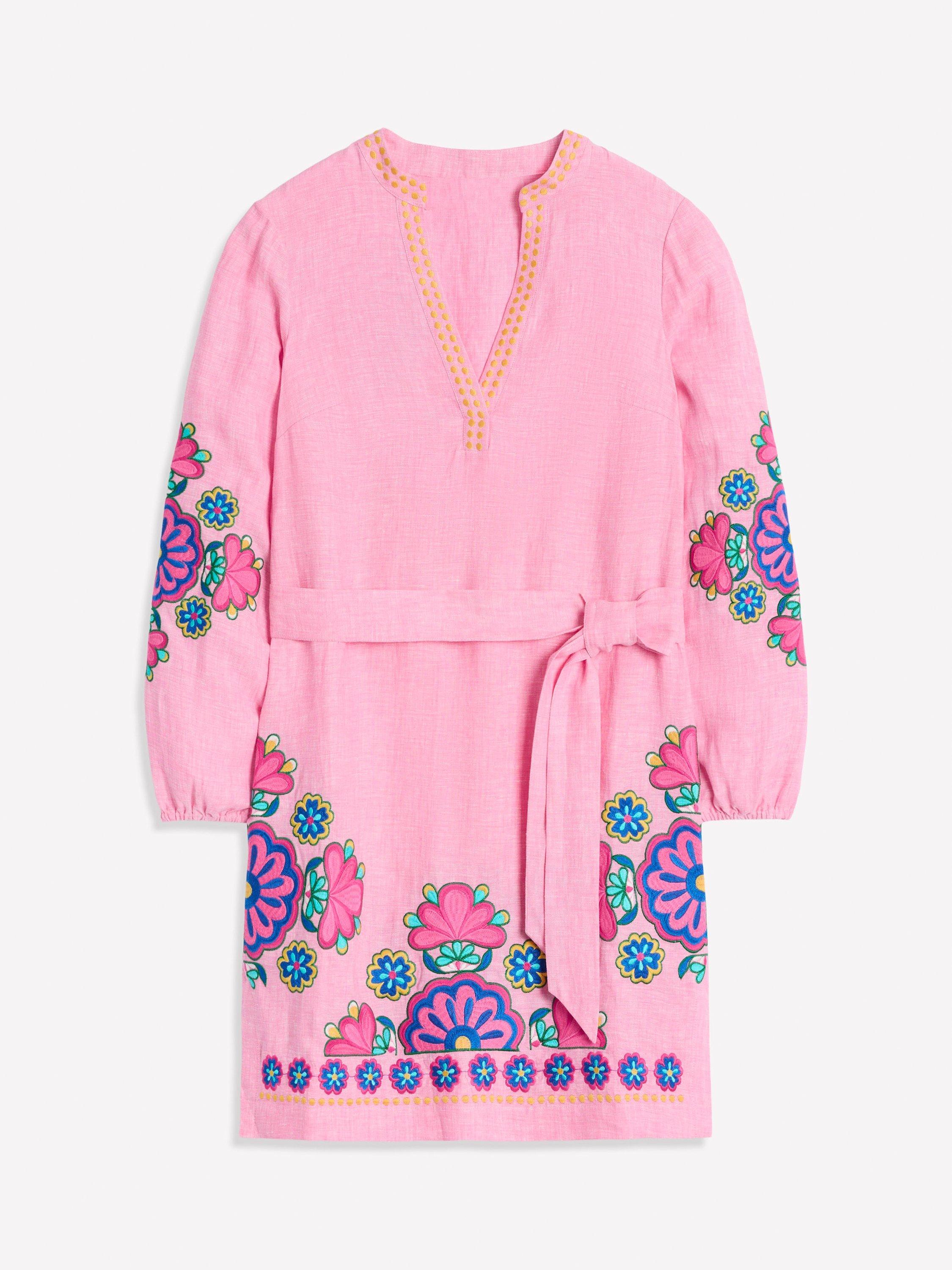 Product image 5 of 5, which shows Boden Cleo Tie Waist Pure Linen Dress, Pink/Multi, 12