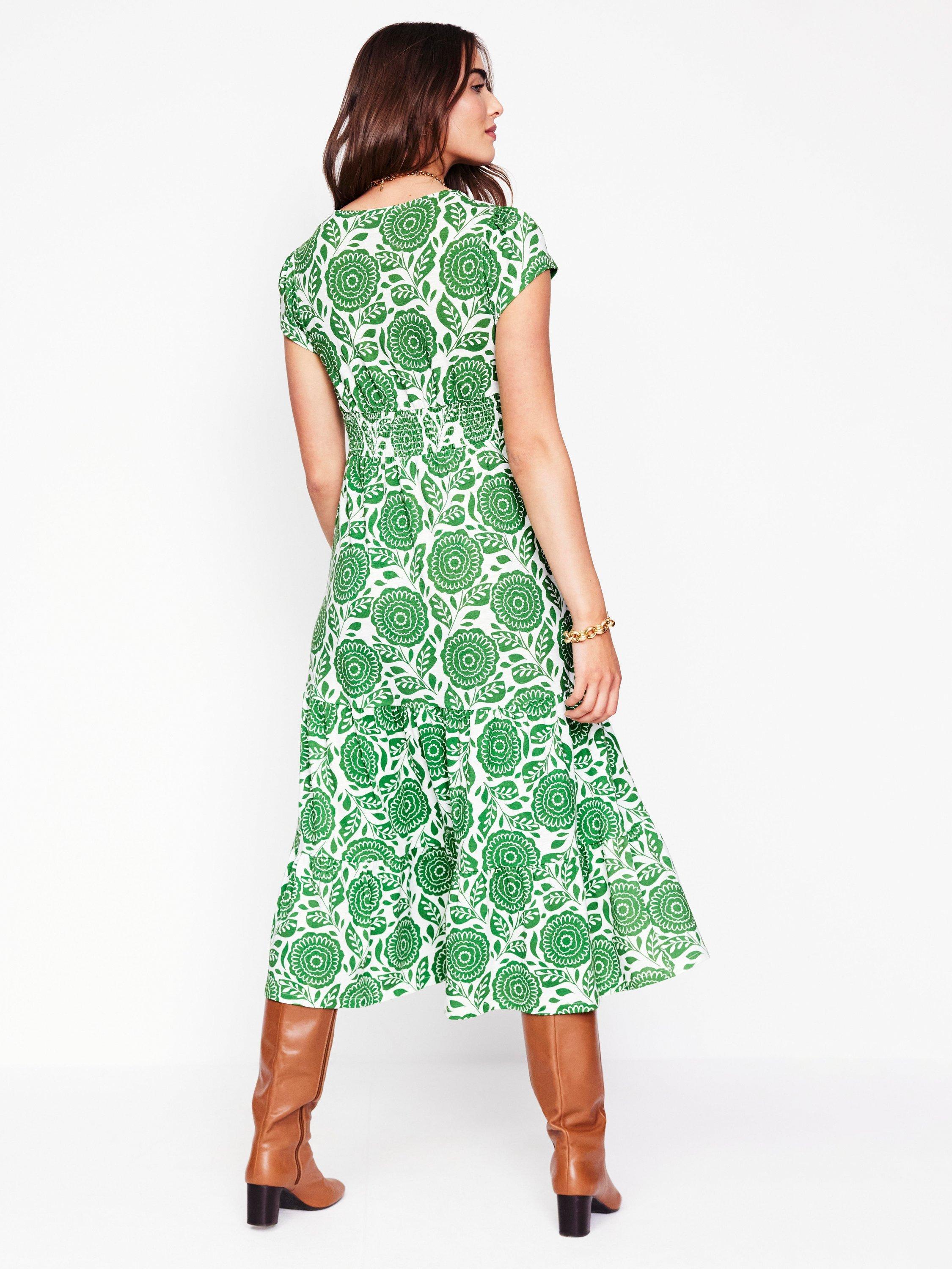 Product image 3 of 5, which shows Boden Elara Floral Tiered Midi Dress, Green/Multi, 8