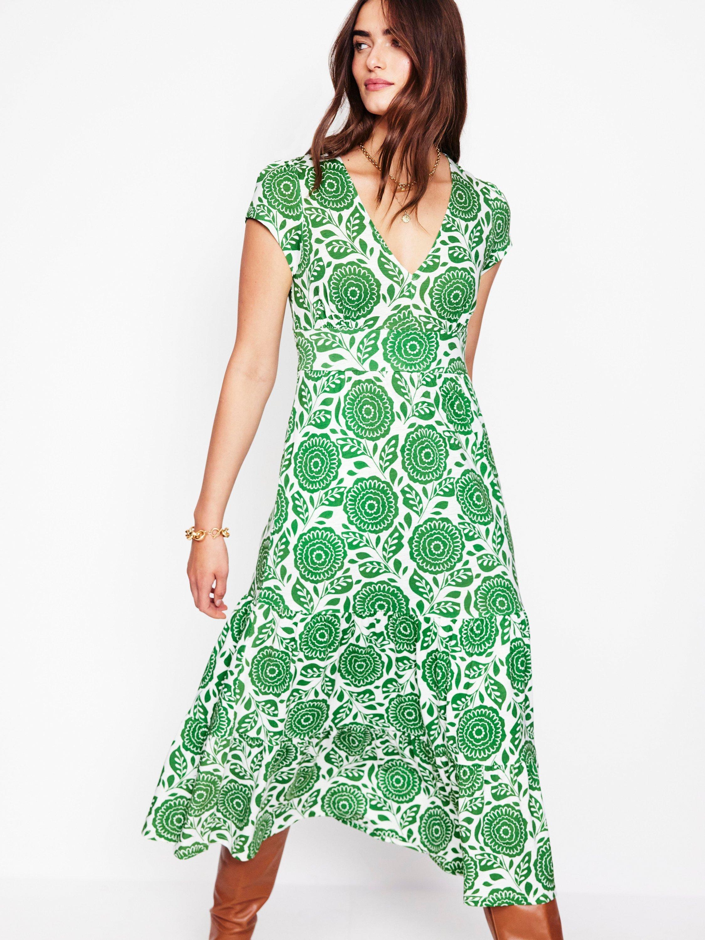Product image 4 of 5, which shows Boden Elara Floral Tiered Midi Dress, Green/Multi, 8