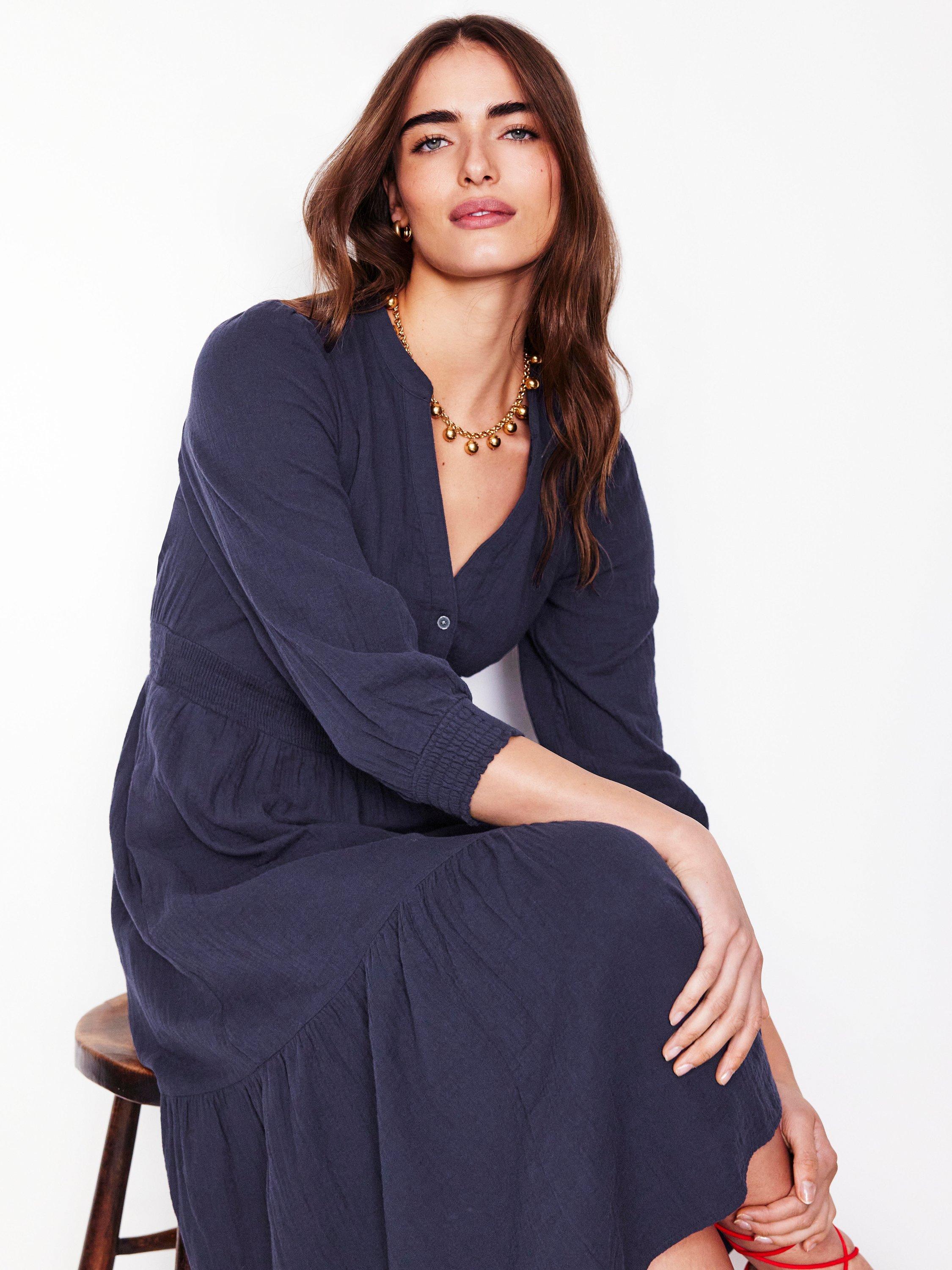 Product image 4 of 5, which shows Boden Elena Double Cloth Midi Dress, Navy, 8