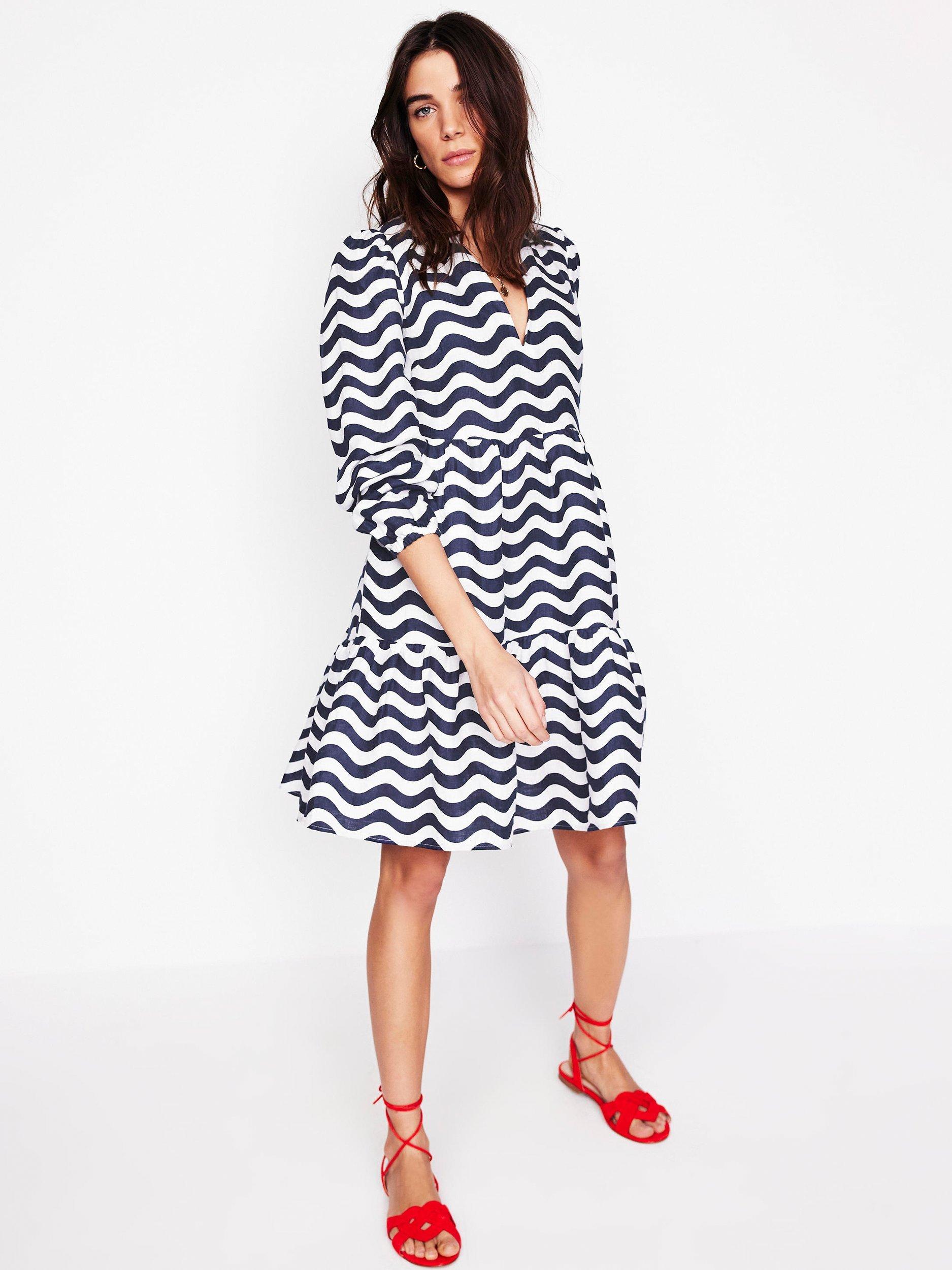 Product image 1 of 5, which shows Boden Esme Stripe Pure Linen Mini Dress, Navy/Multi, 8