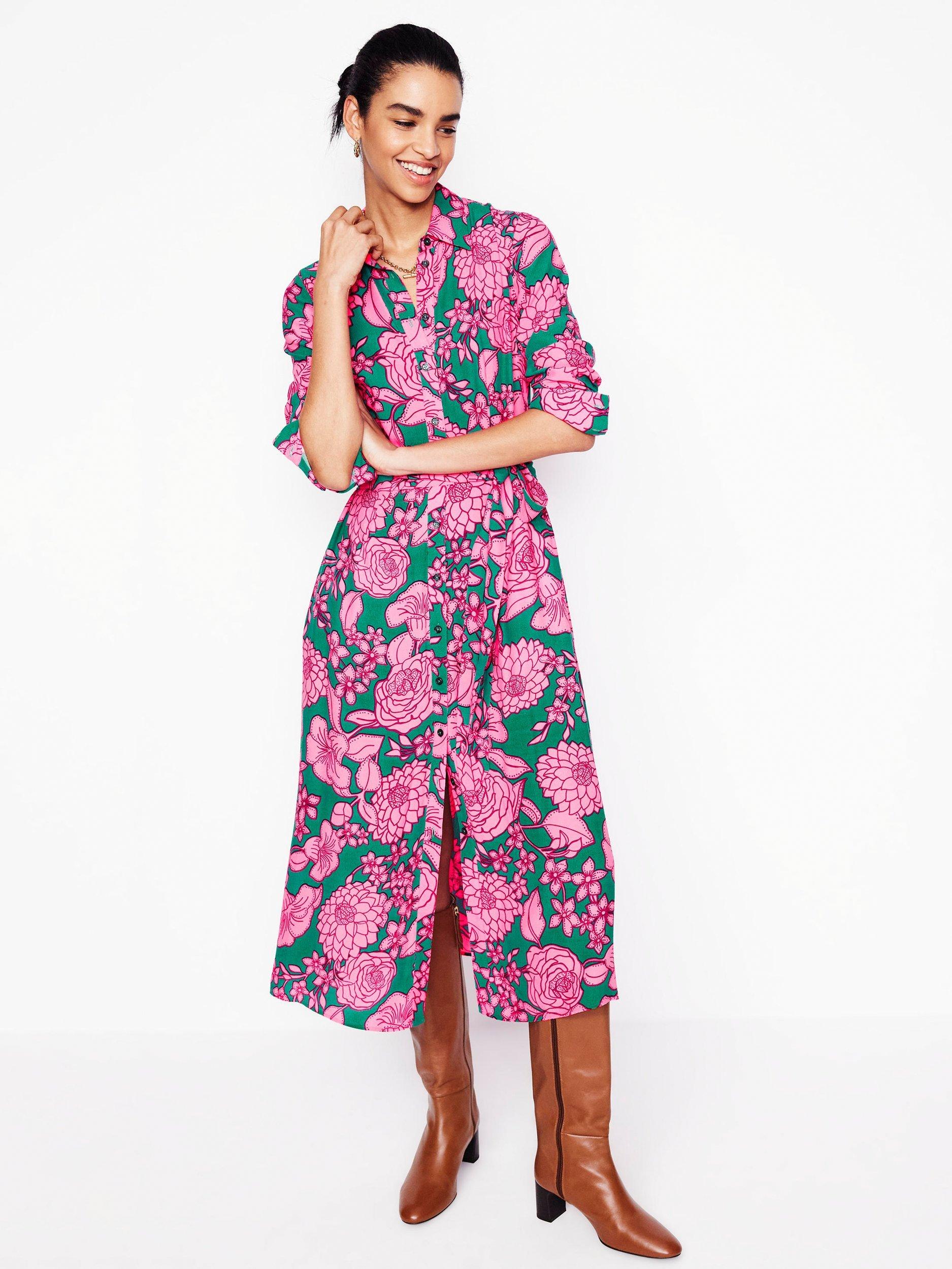 Product image 1 of 5, which shows Boden Kate Floral Midi Shirt Dress, Green/Multi, 8
